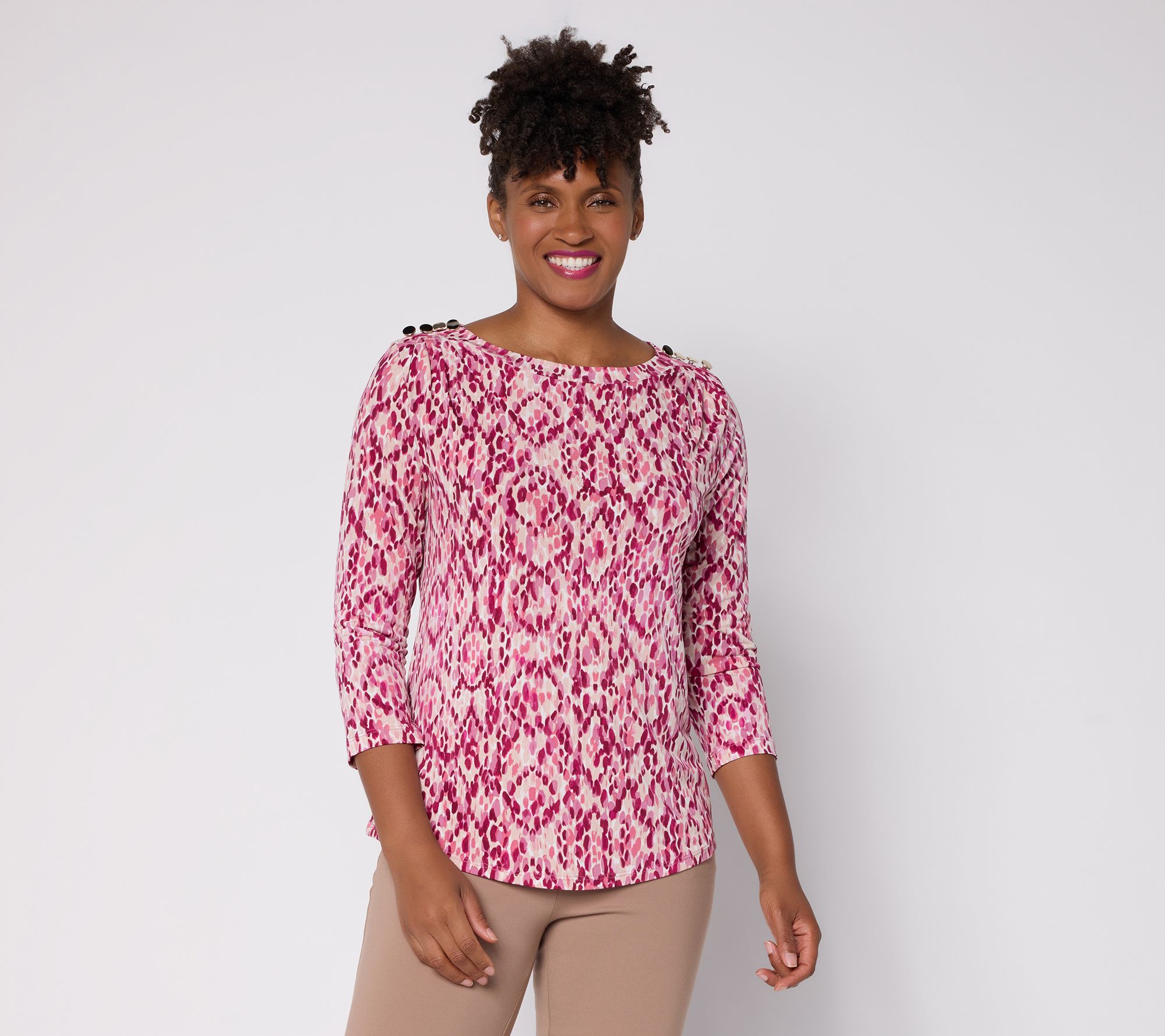 Susan Graver Printed Liquid Knit Crew-Neck Top w/ Buttons
