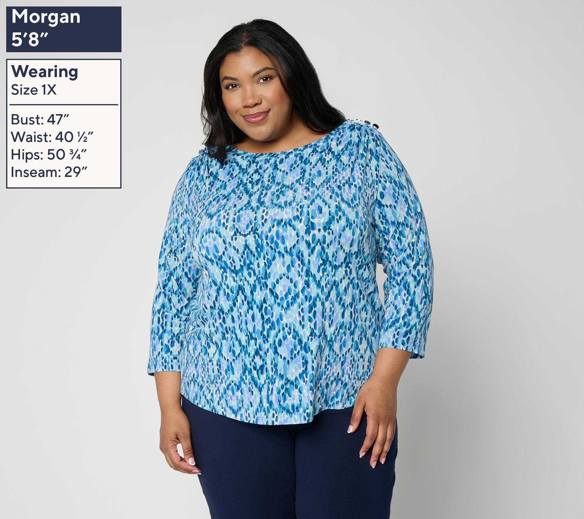 Susan Graver Printed Liquid Knit Crew-Neck Top w/ Buttons | QVC
