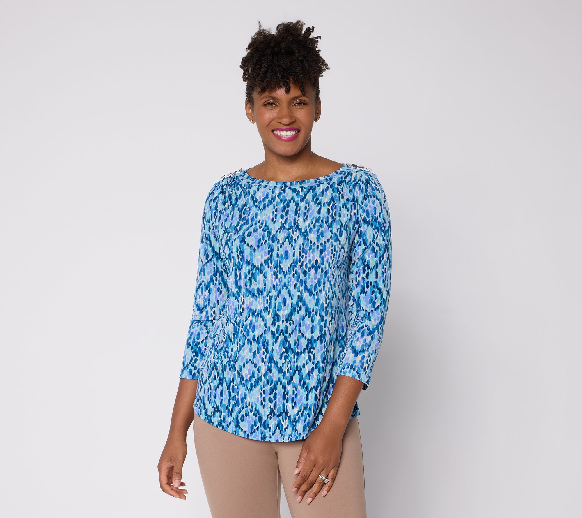 Susan Graver Printed Liquid Knit Crew-Neck Top w/ Buttons