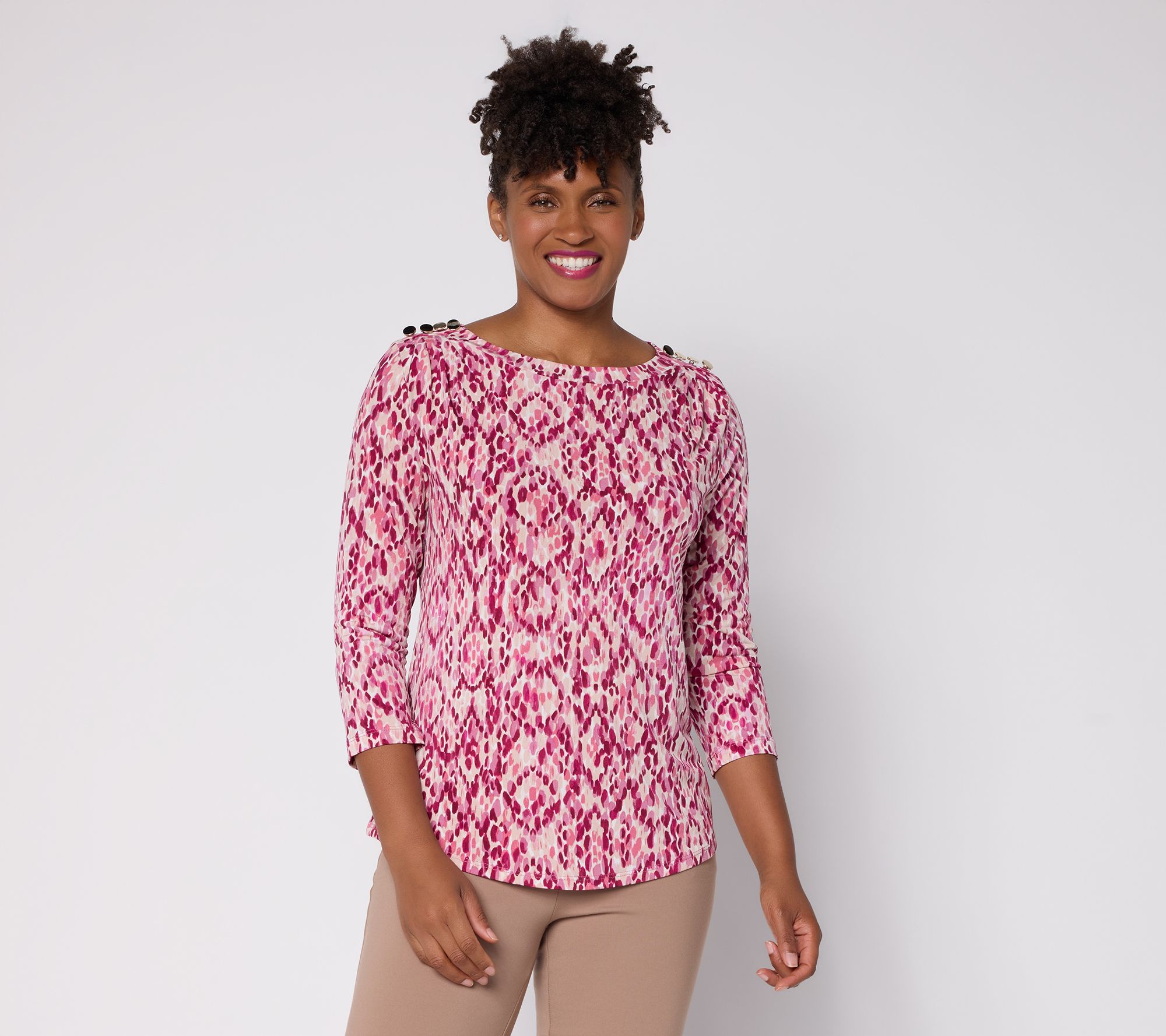 Susan Graver Printed Liquid Knit Crew-Neck Top w/ Buttons