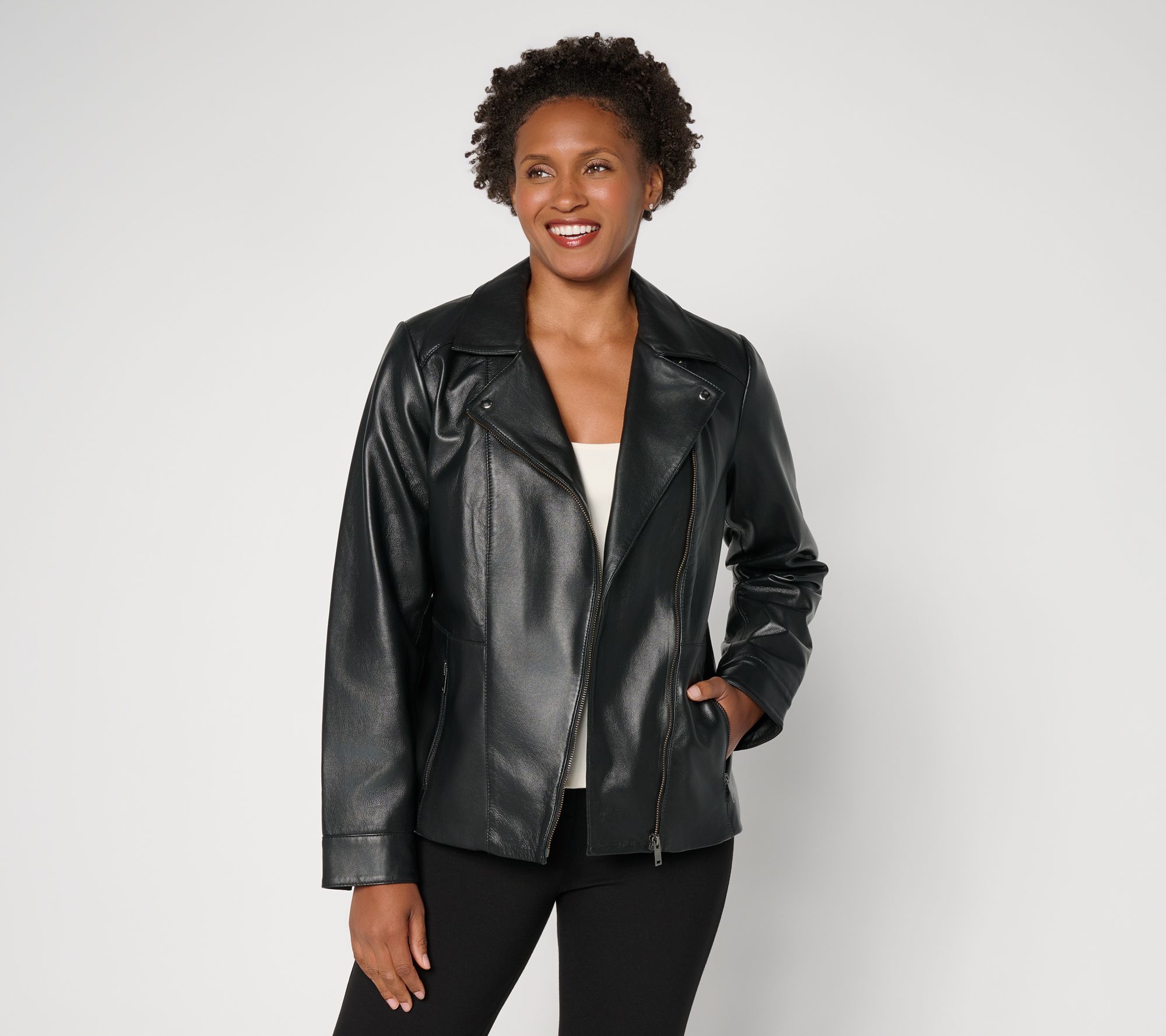Denim & Co. Regular Lamb Leather Moto Jacket with Pockets