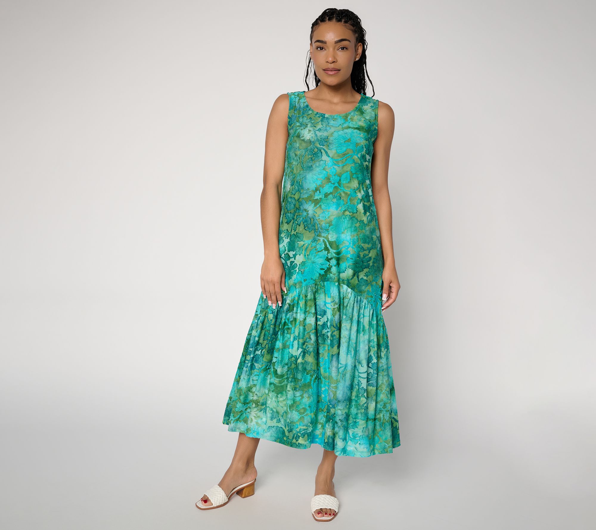 "As Is" Susan Graver Regular Printed Burnout Tiered Slvless Maxi Dress