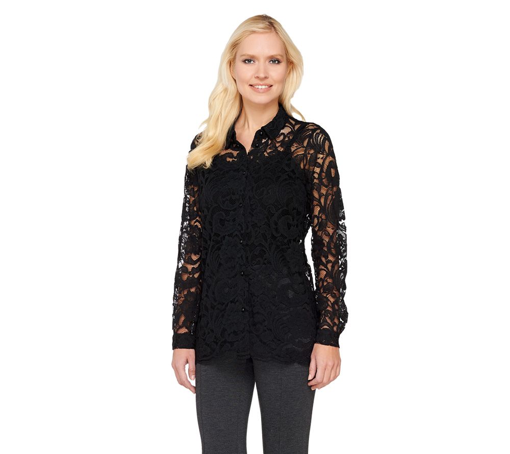 Joan Rivers Lace Boyfriend Shirt with Scalloped Edge Detail - QVC.com