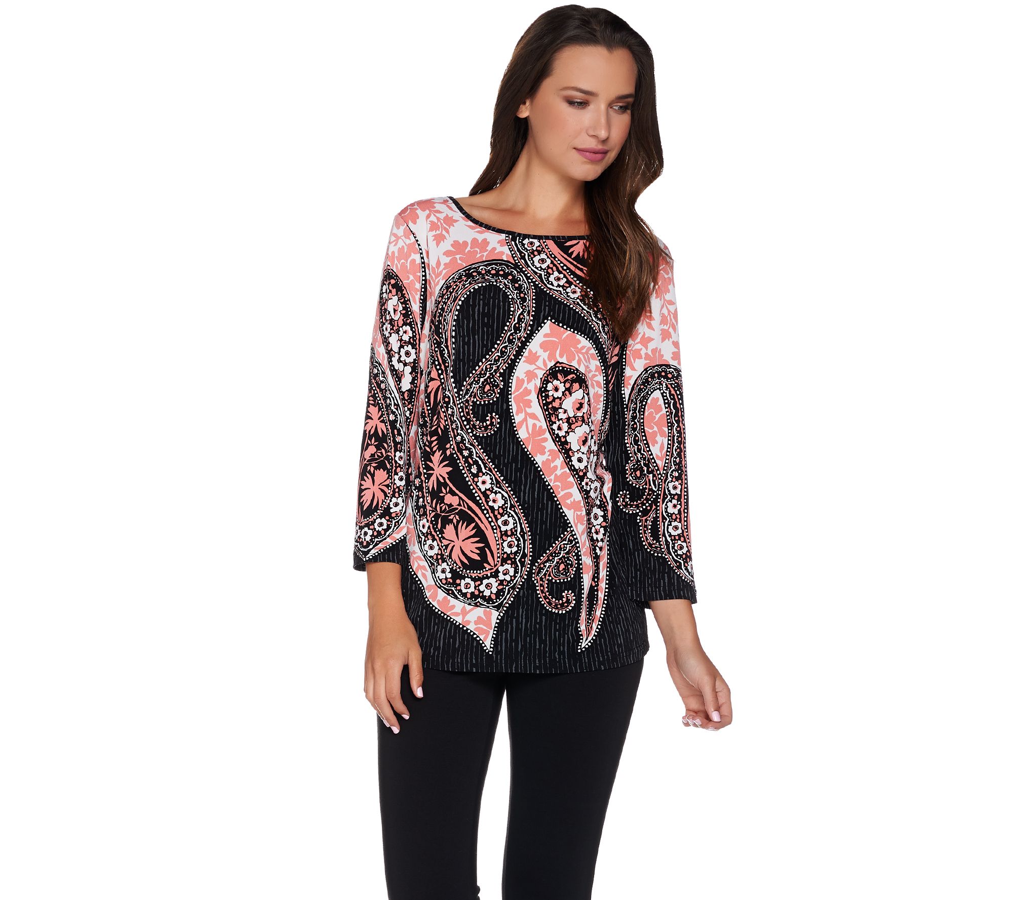 Bob Mackie 3/4 Sleeve Paisley Printed Knit Top - QVC.com