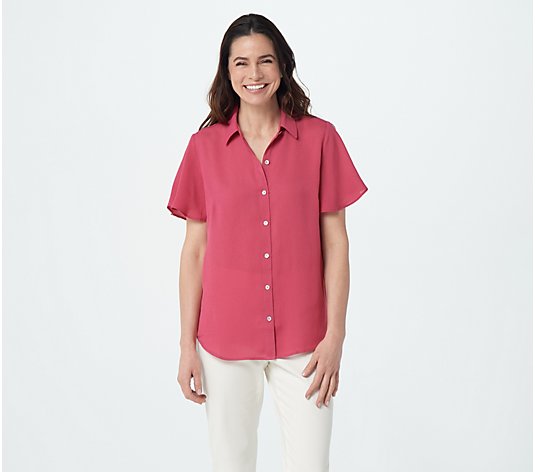 Susan Graver Textured Woven Button Front Flutter Sleeve Shirt