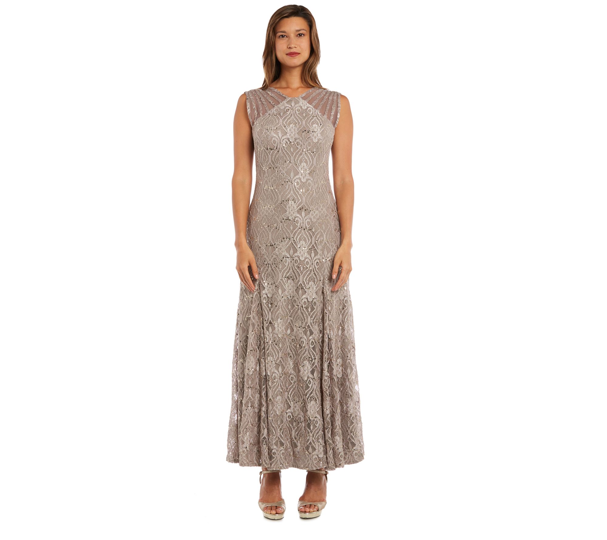 R&M Richards Sequined Lace Gown with Sheer Inserts - QVC.com