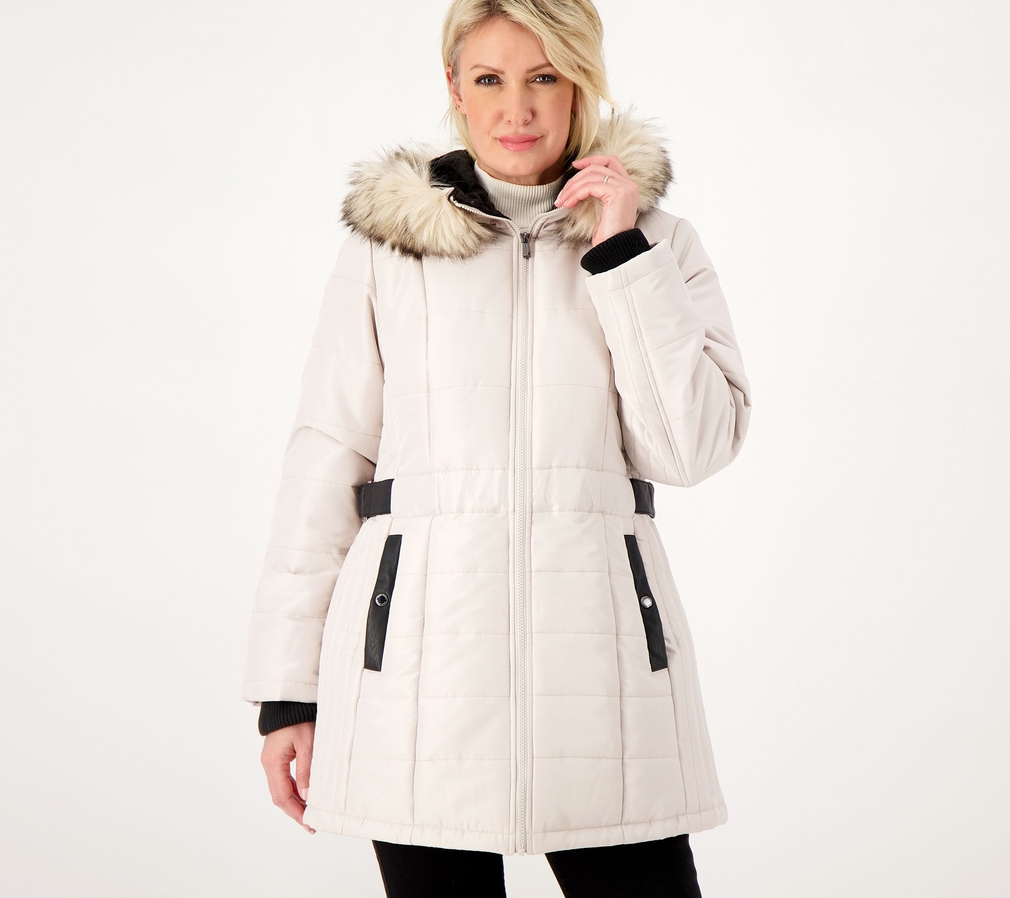Susan Graver Water-Resistant Puffer Coat with Faux Leather Detail