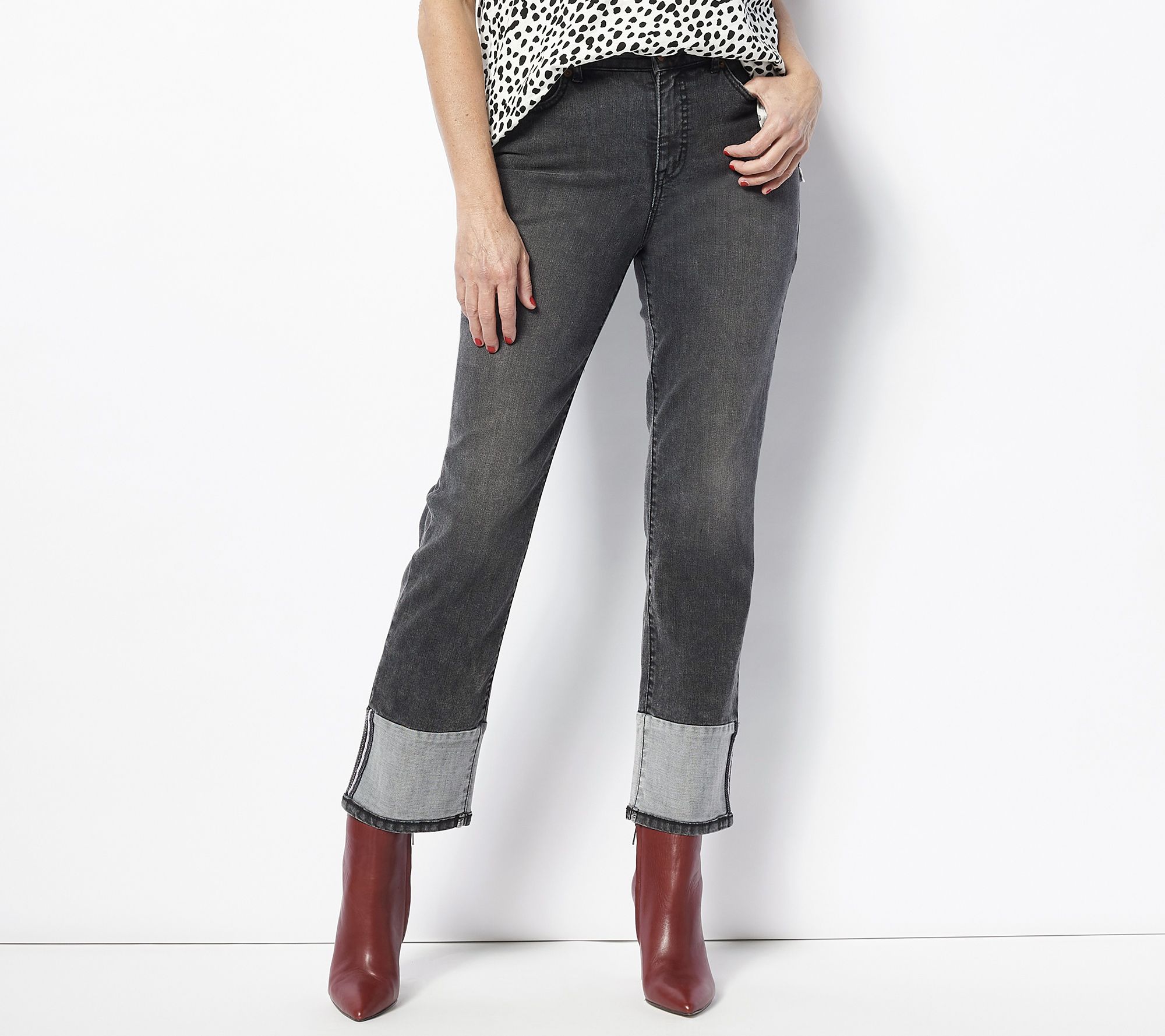 LOGO by Lori Goldstein Petite Shadow Patch Boyfriend Jeans 