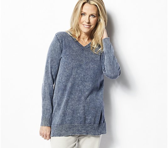 LOGO by Lori Goldstein Sun Faded Cotton V-Neck Sweater