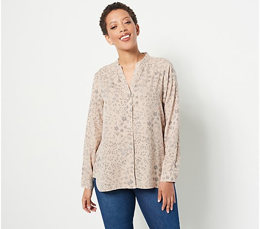 Side Stitch Button-Front Shirt with Mandarin Collar