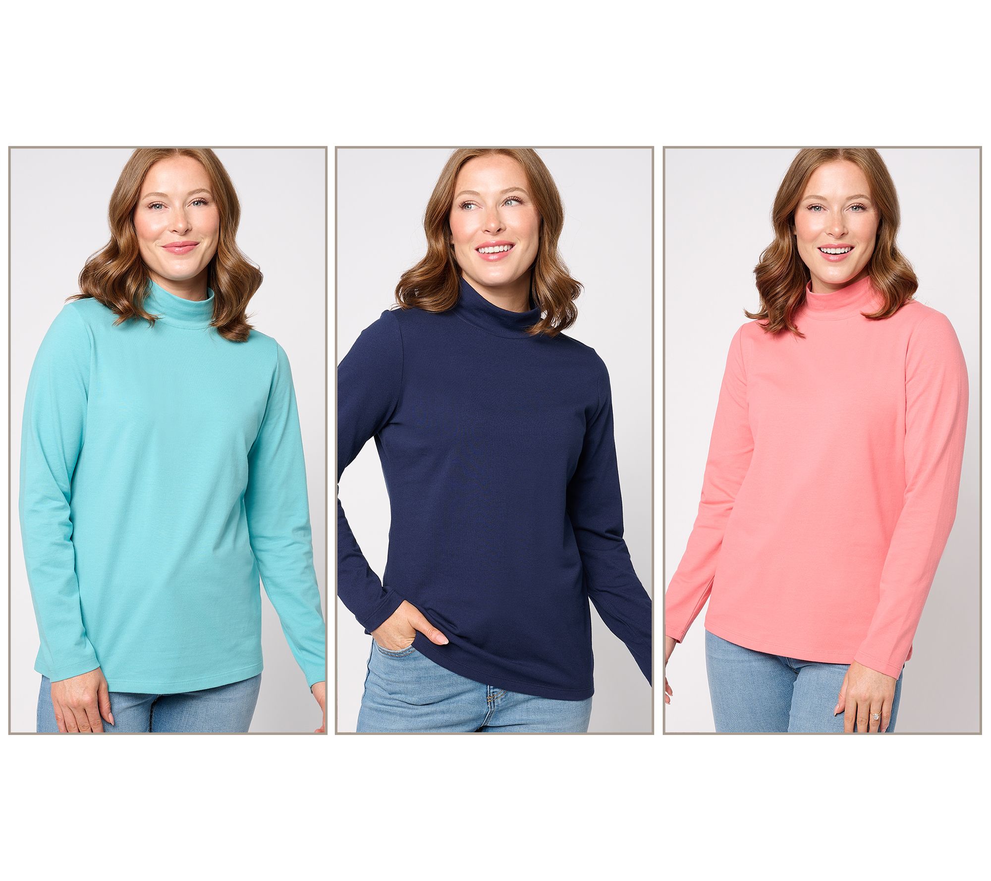 Denim & Co. Essentials 3-Pack Perfect Jersey Long Slv Mock Neck Tops