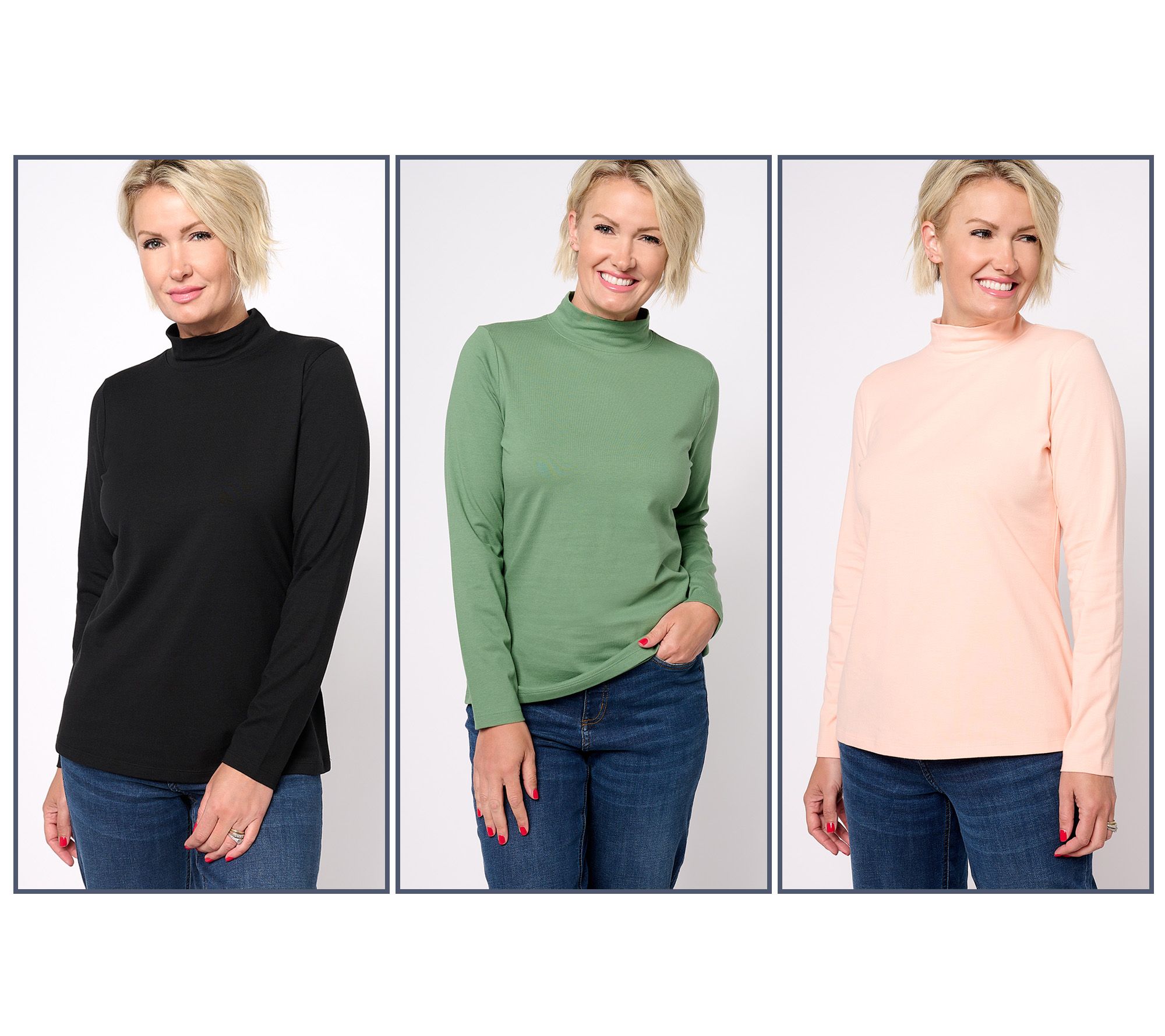Denim & Co. Essentials 3-Pack Perfect Jersey Long Slv Mock Neck Tops