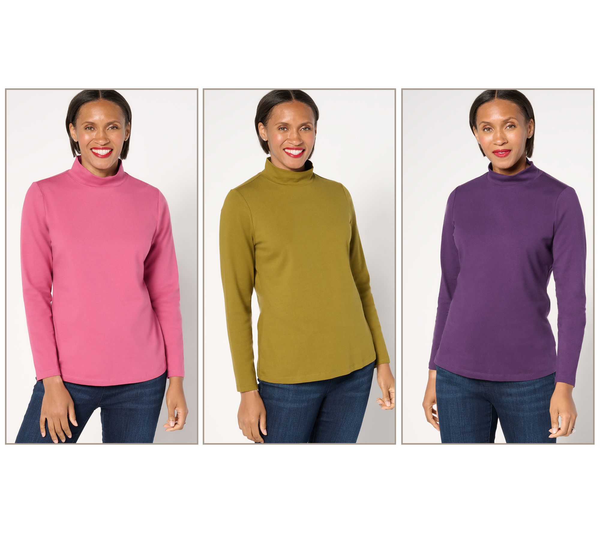 Denim & Co. Essentials 3-Pack Perfect Jersey Long Slv Mock Neck Tops