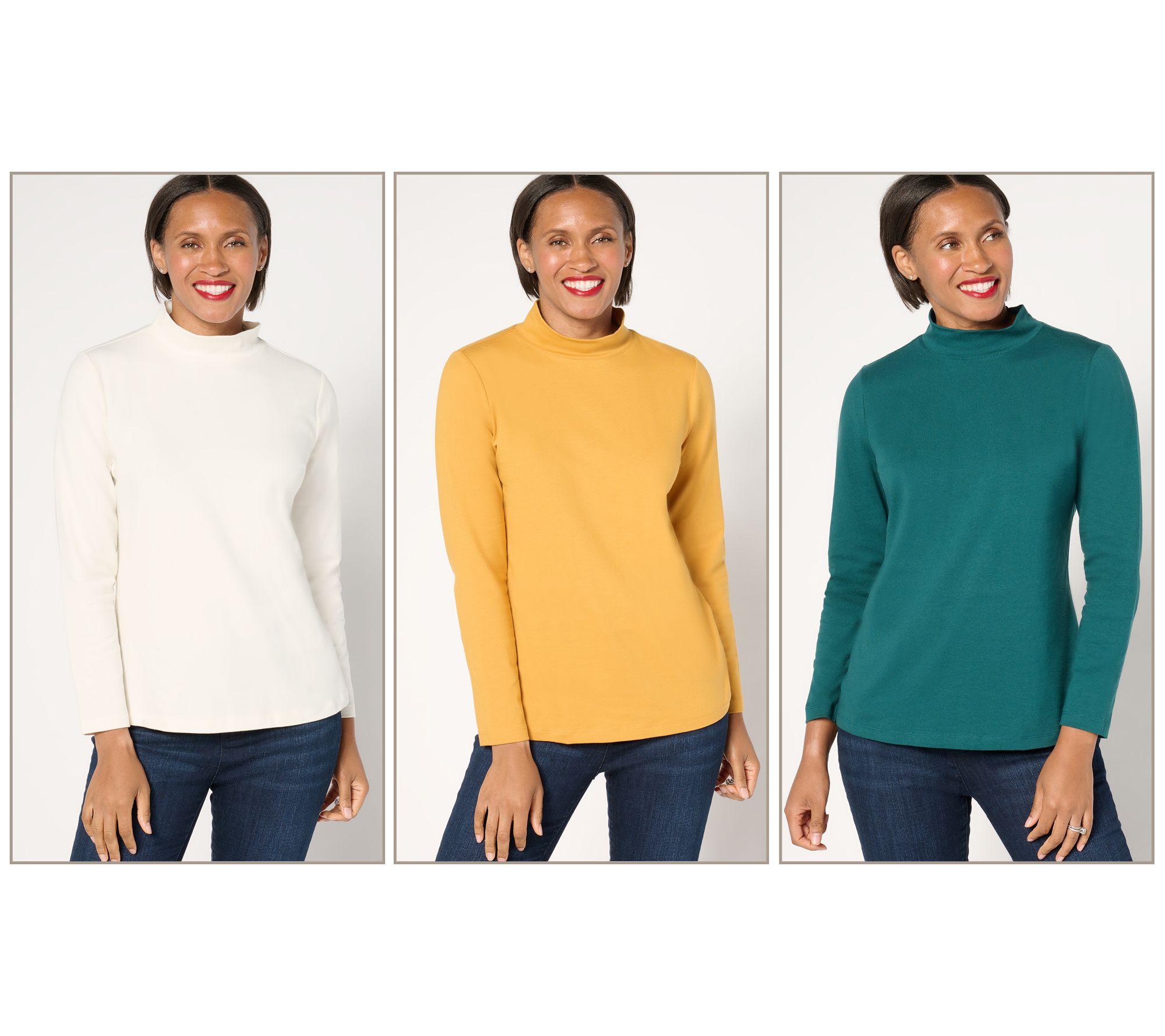 Denim & Co. Essentials 3-Pack Perfect Jersey Long Slv Mock Neck Tops