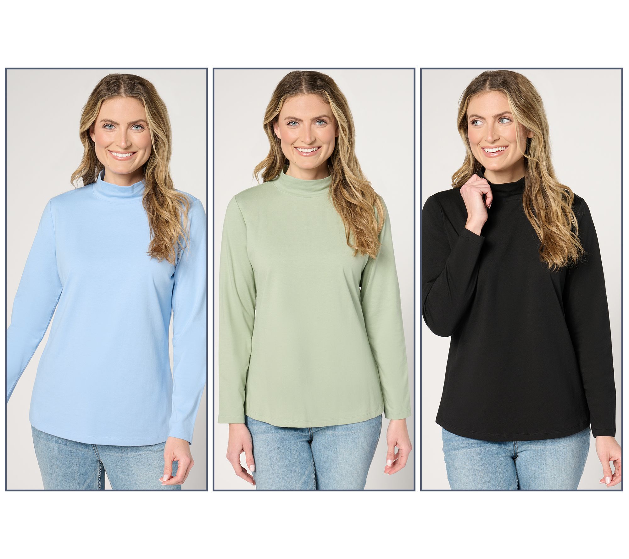 Denim & Co. Essentials 3-Pack Perfect Jersey Long Slv Mock Neck Tops