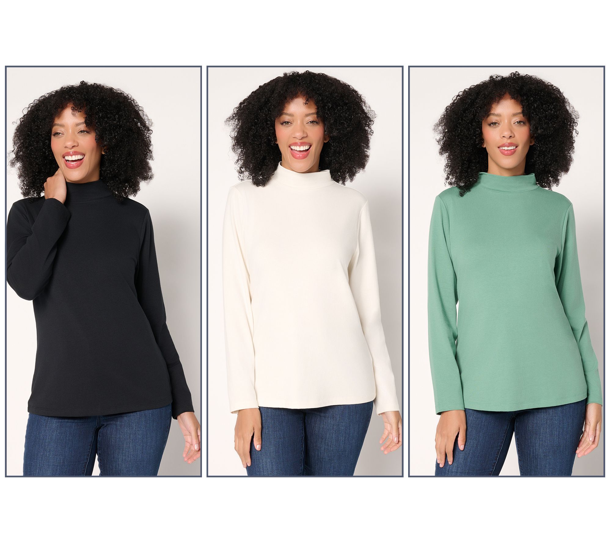 Denim & Co. Essentials 3-Pack Perfect Jersey Long Slv Mock Neck Tops