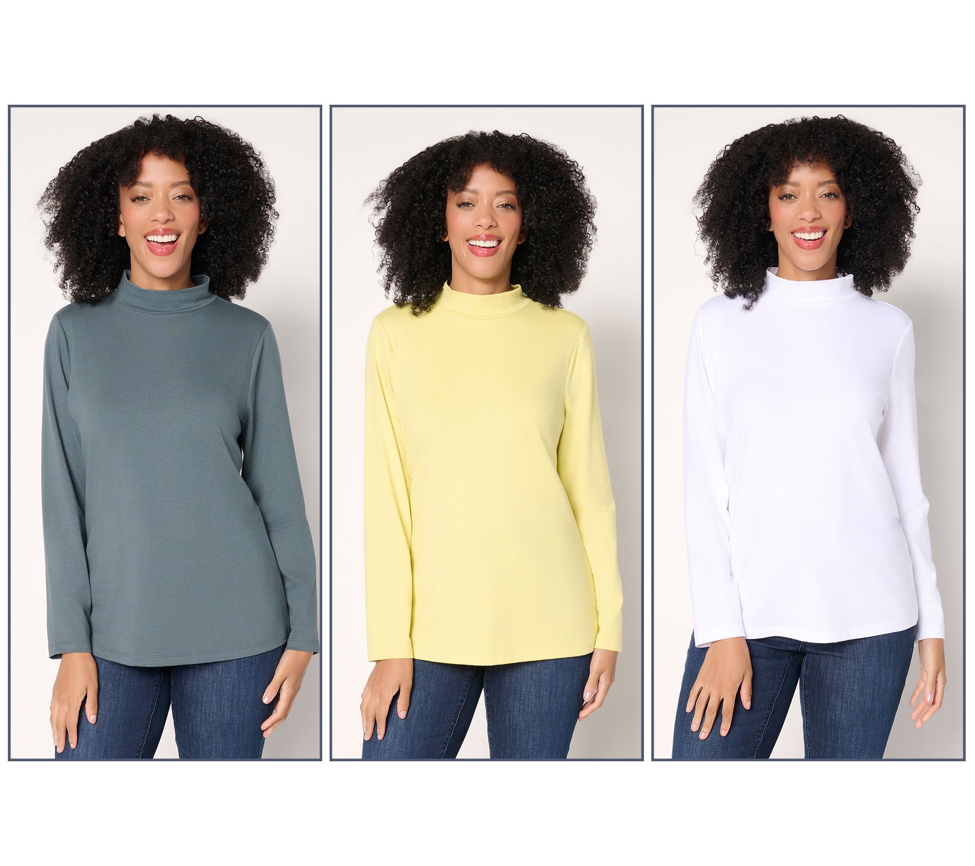 Denim & Co. Essentials 3-Pack Perfect Jersey Long Slv Mock Neck Tops