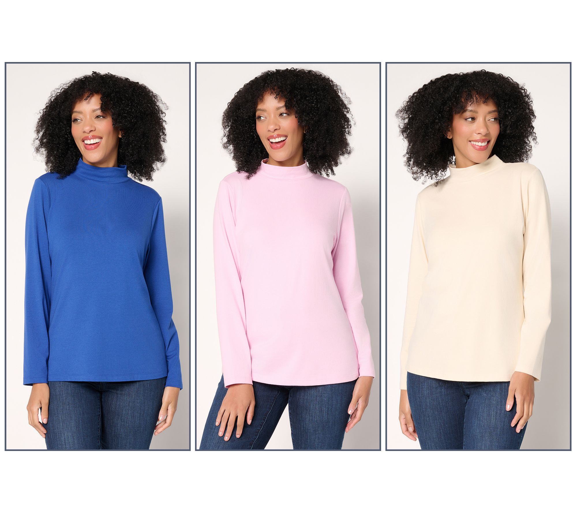 Denim & Co. Essentials 3-Pack Perfect Jersey Long Slv Mock Neck Tops