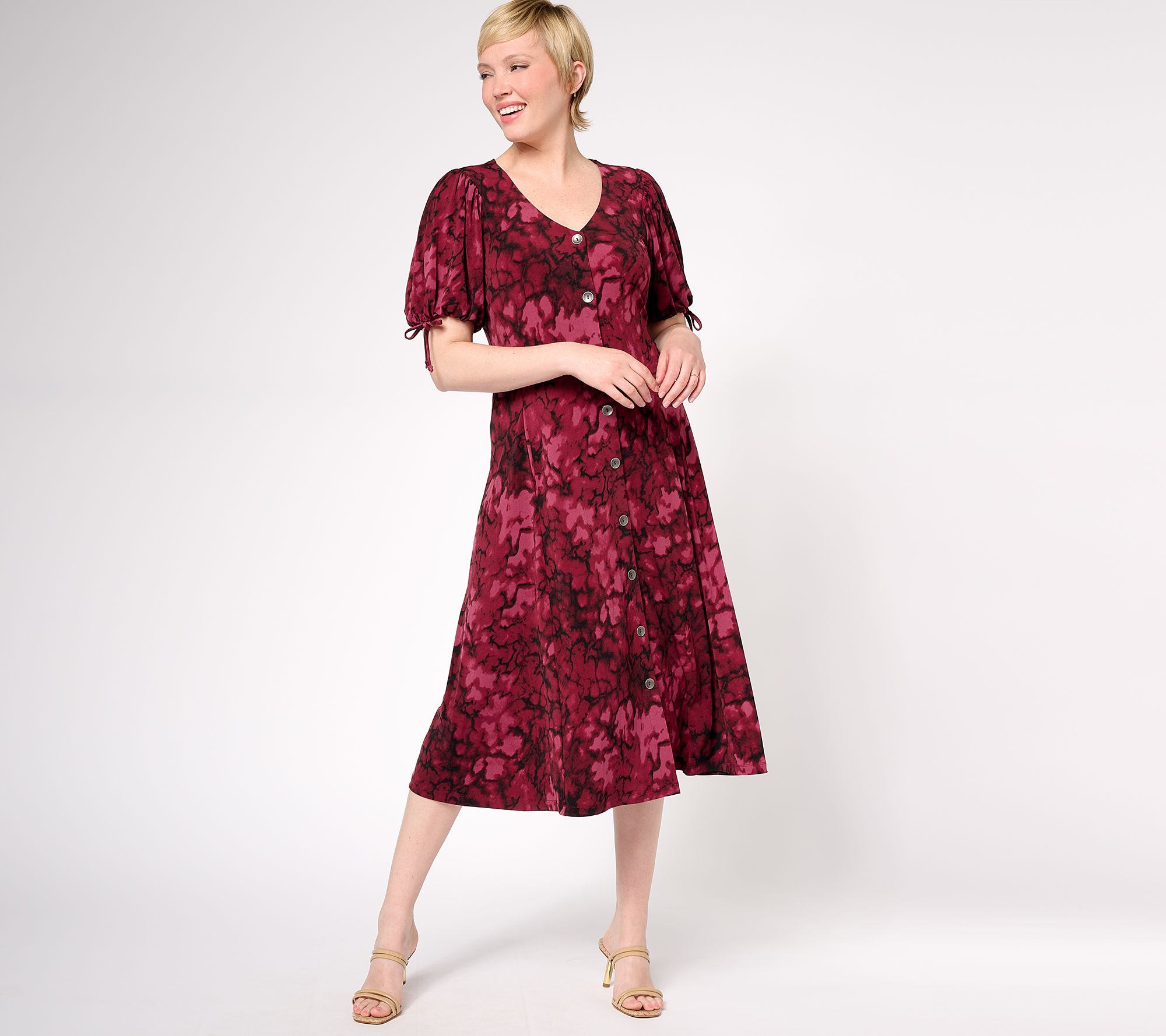Susan Graver Regular Printed Liquid Knit Elbow Sleeve Midi Dress
