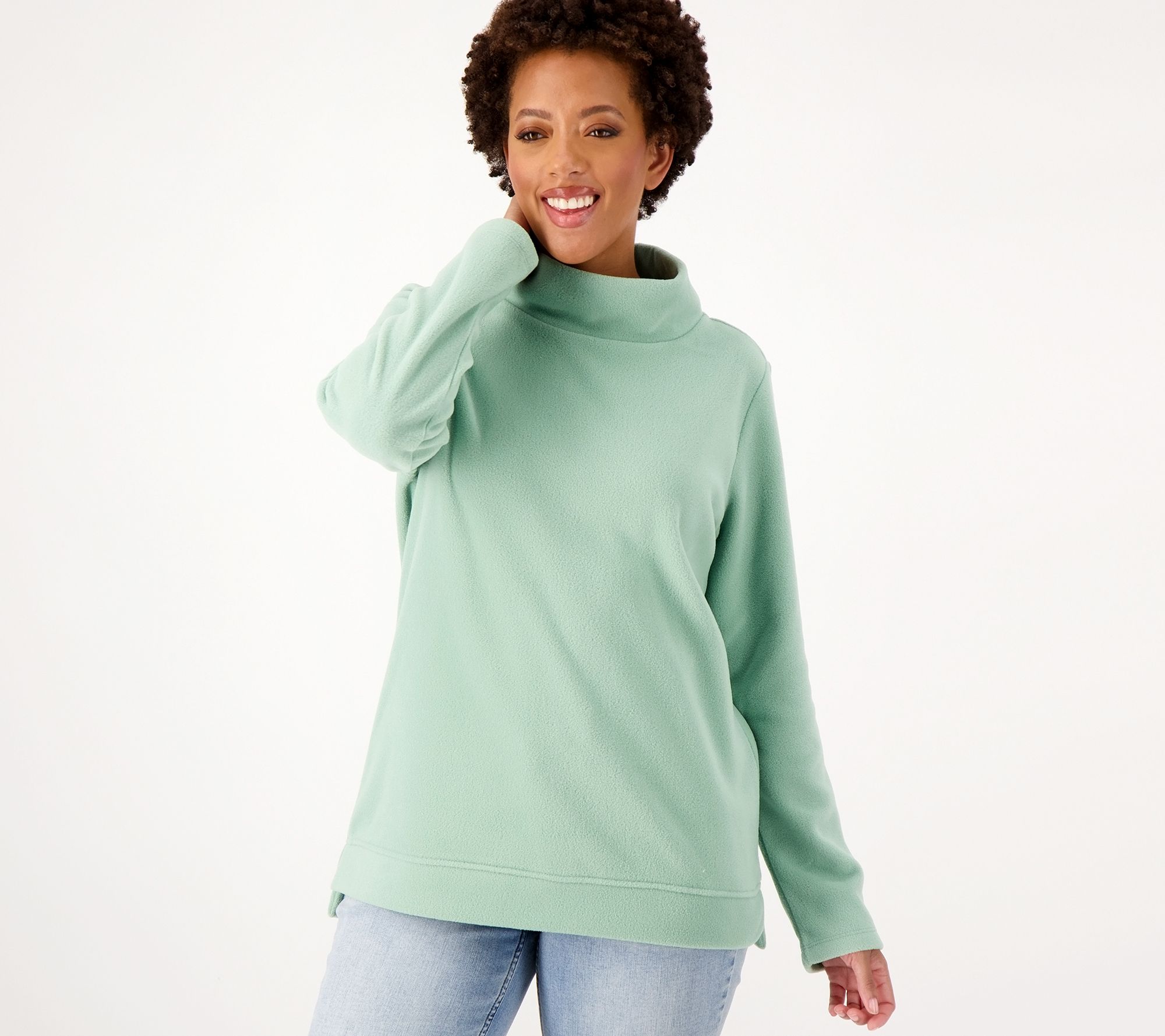 As Is Denim And Co Fleece Mock Neck Long Sleeve High Low Tunic