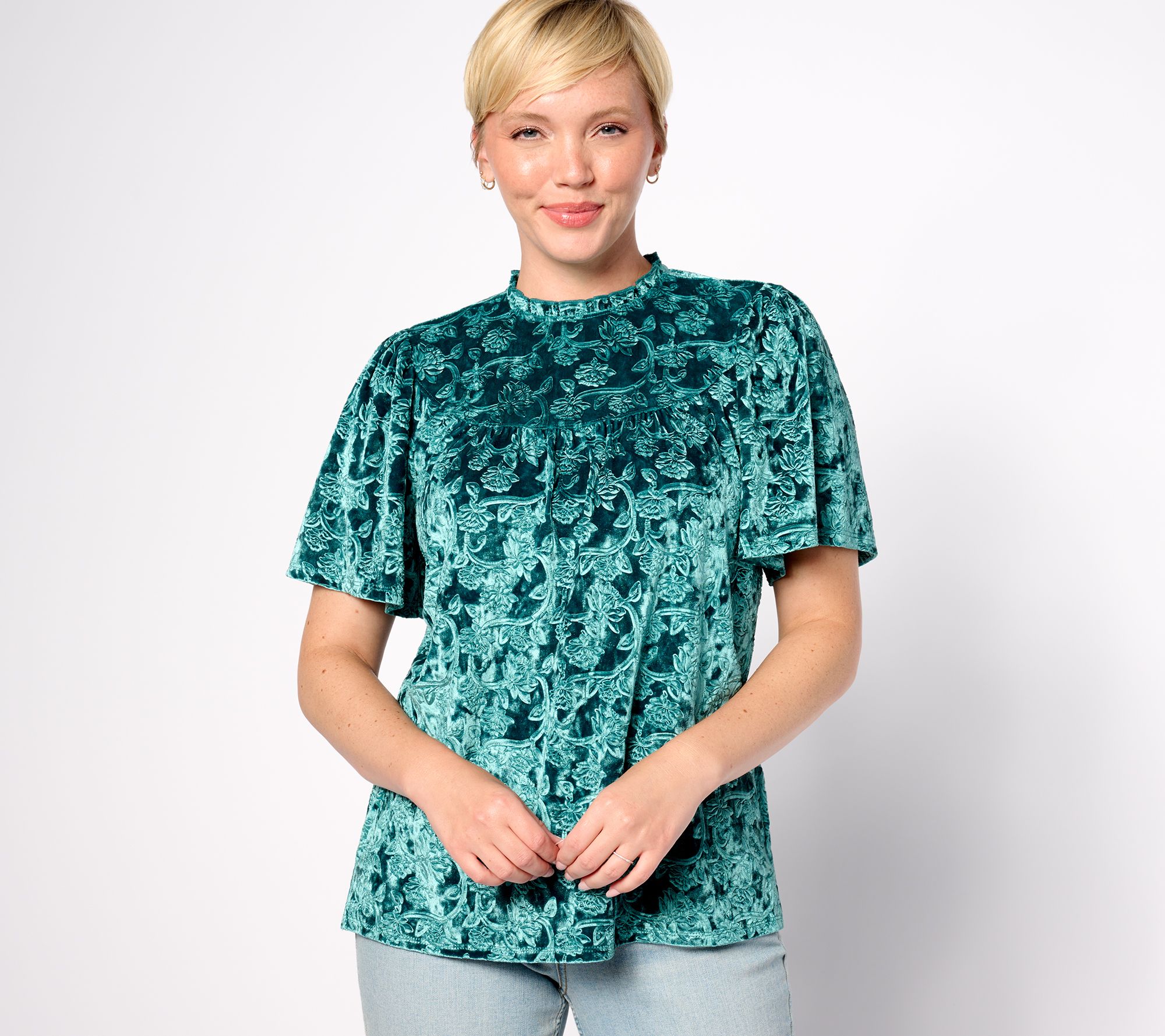 Denim & Co. Canyon Retreat Embossed Velvet Yoke-Detail Blouse