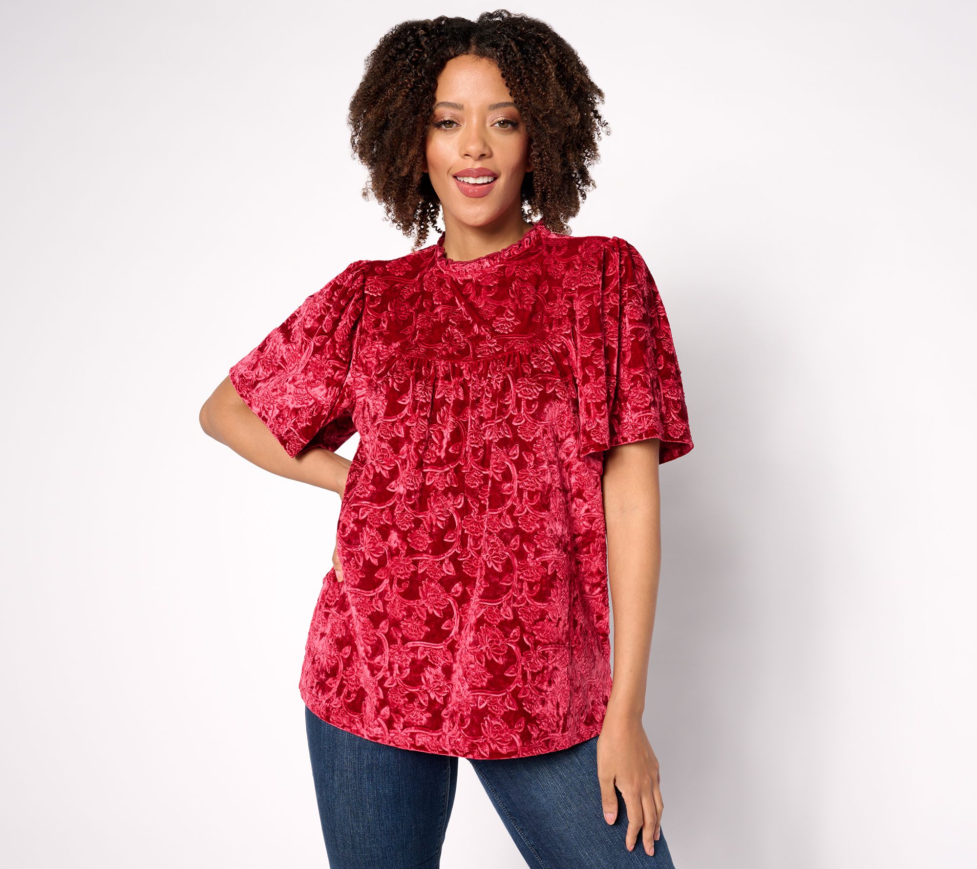 Denim & Co. Canyon Retreat Embossed Velvet Yoke-Detail Blouse