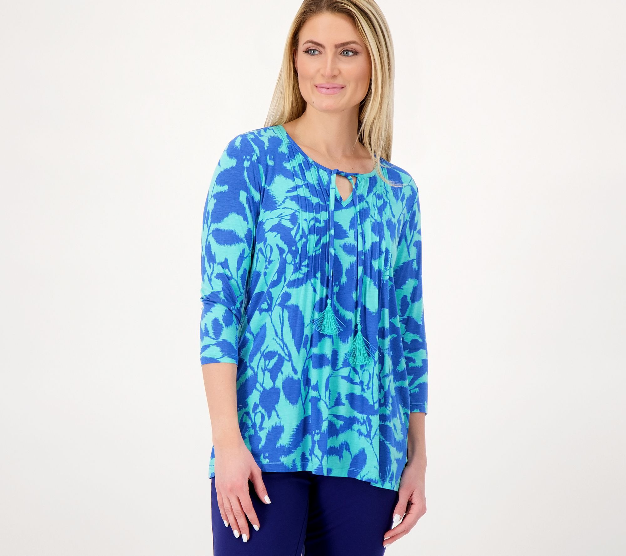 "As Is" Belle by Kim Gravel Pop Floral Pintuck Shirt with Tassels