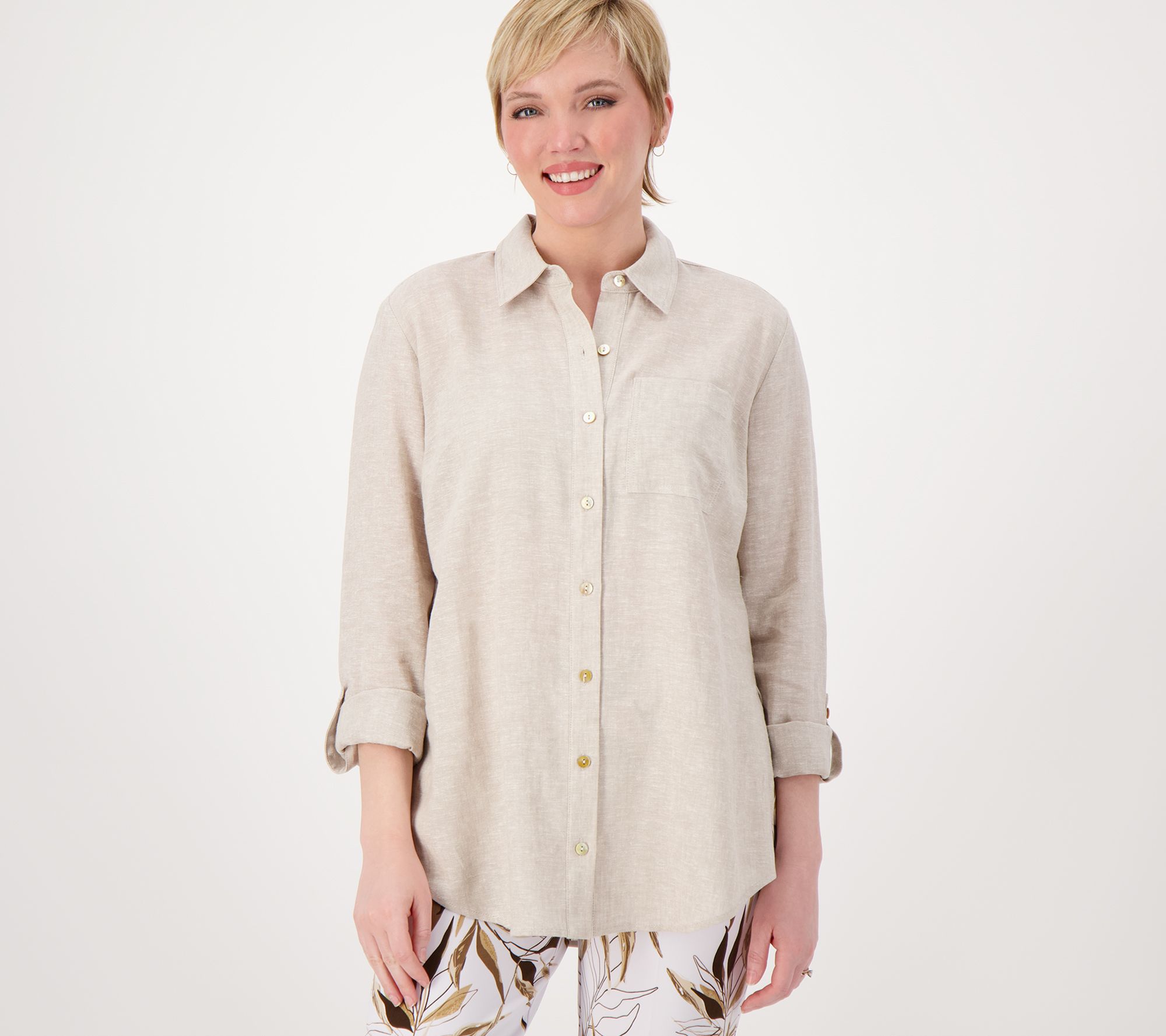 "As Is" Susan Graver Regular Pure Linen Blend Button Front Shirt
