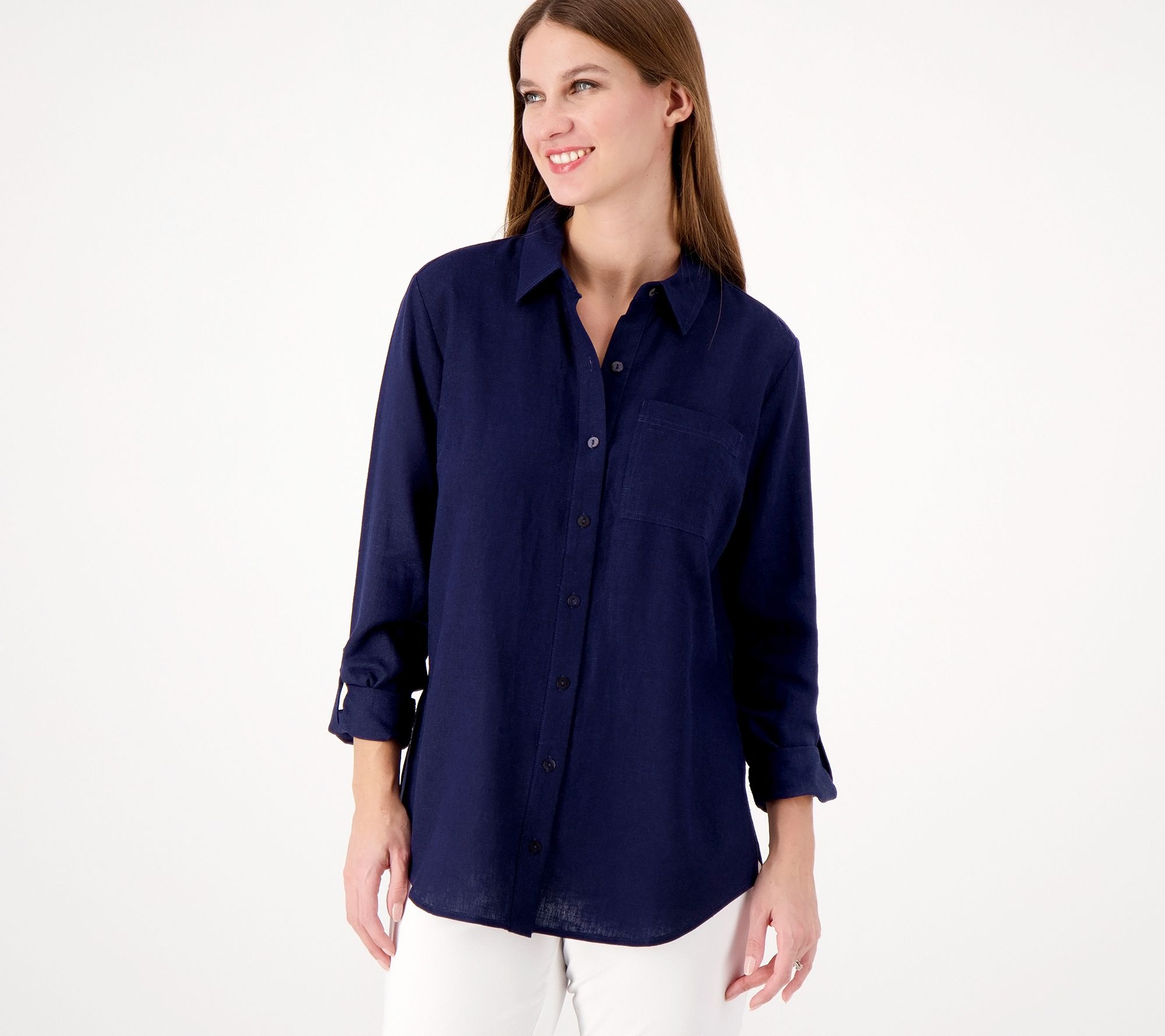 "As Is" Susan Graver Regular Pure Linen Blend Button Front Shirt