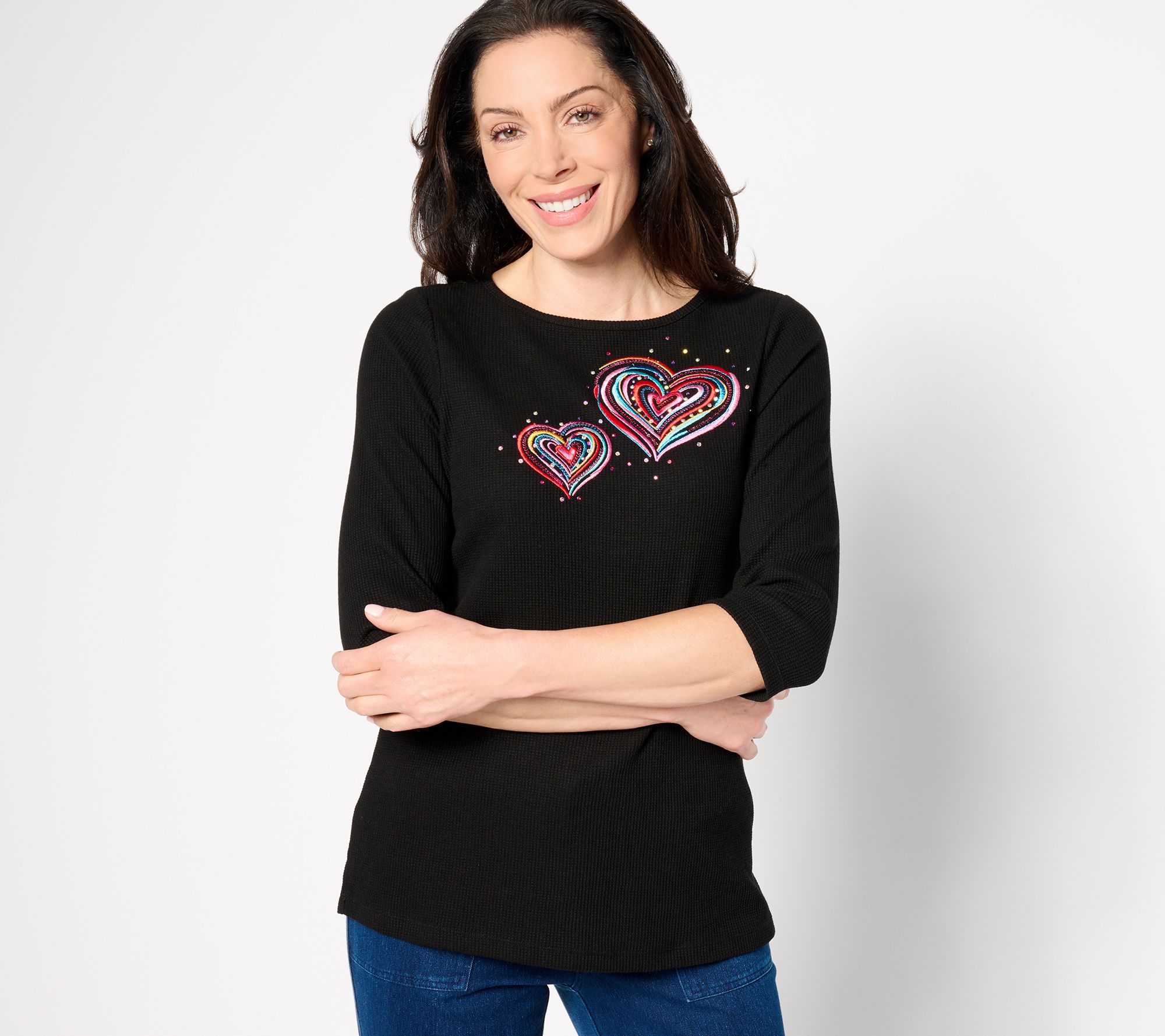 Quacker Factory Love is in the Air Waffle 3/4 Sleeve Top