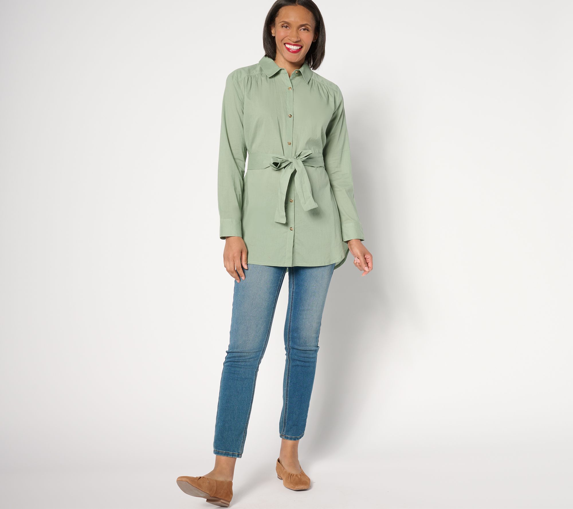 AnyBody Regular Long Sleeve Button Front Woven Tunic with