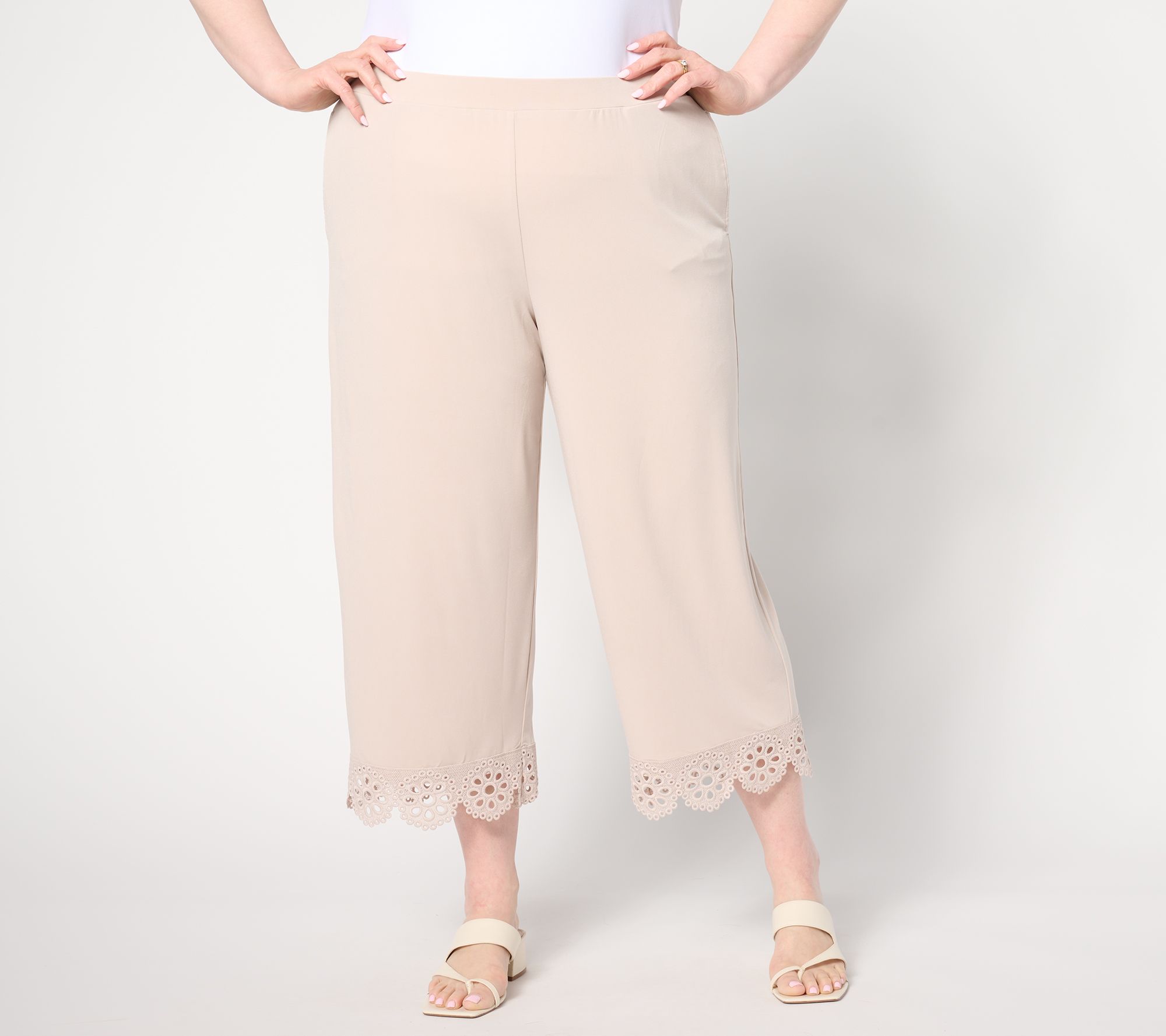 Susan Graver Regular Liquid Knit Wide-Leg Crop Pants with Lace Hem