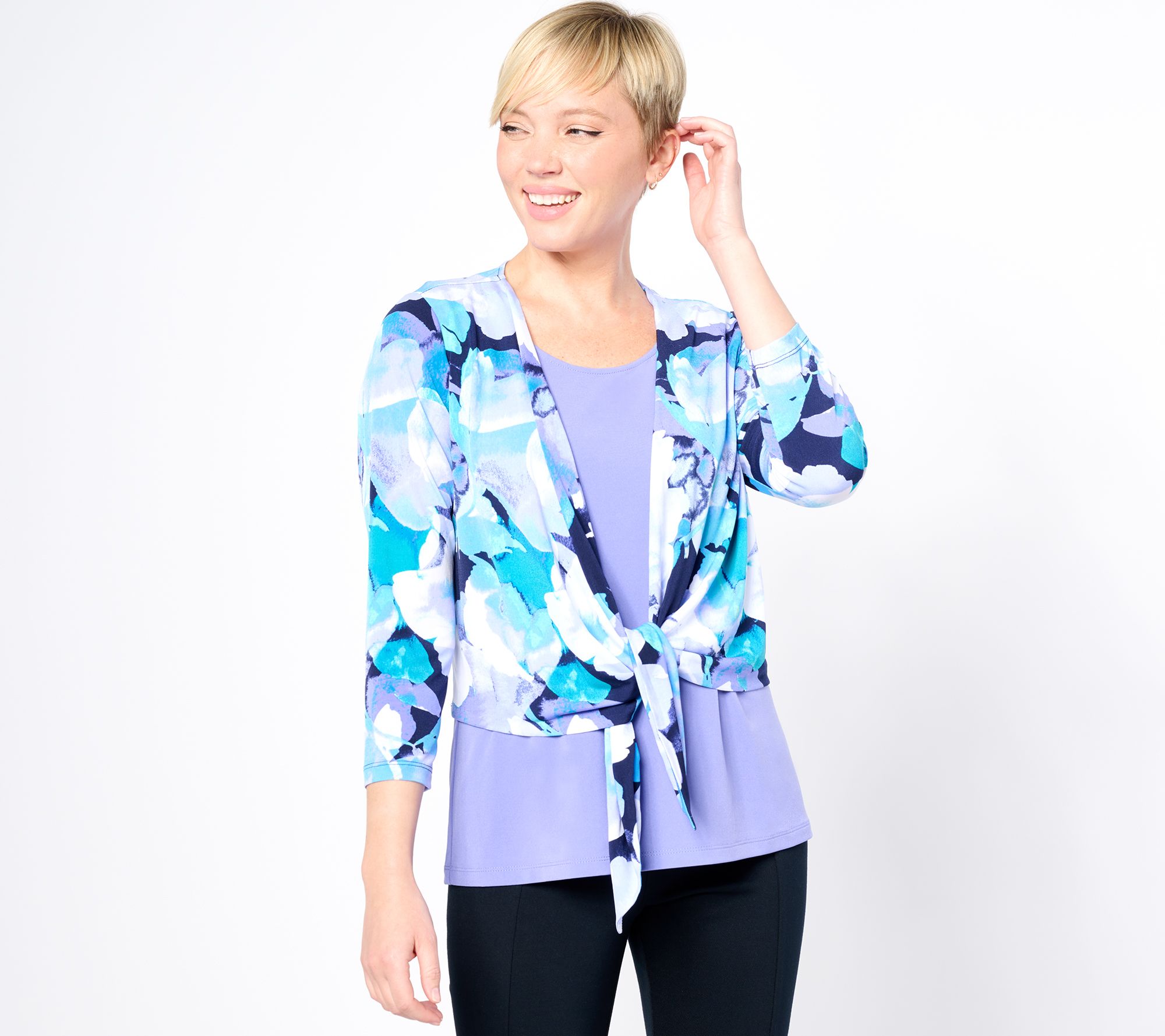 "As Is" Susan Graver Passport Printed Liquid Knit Tie-Front Shrug Tank Set