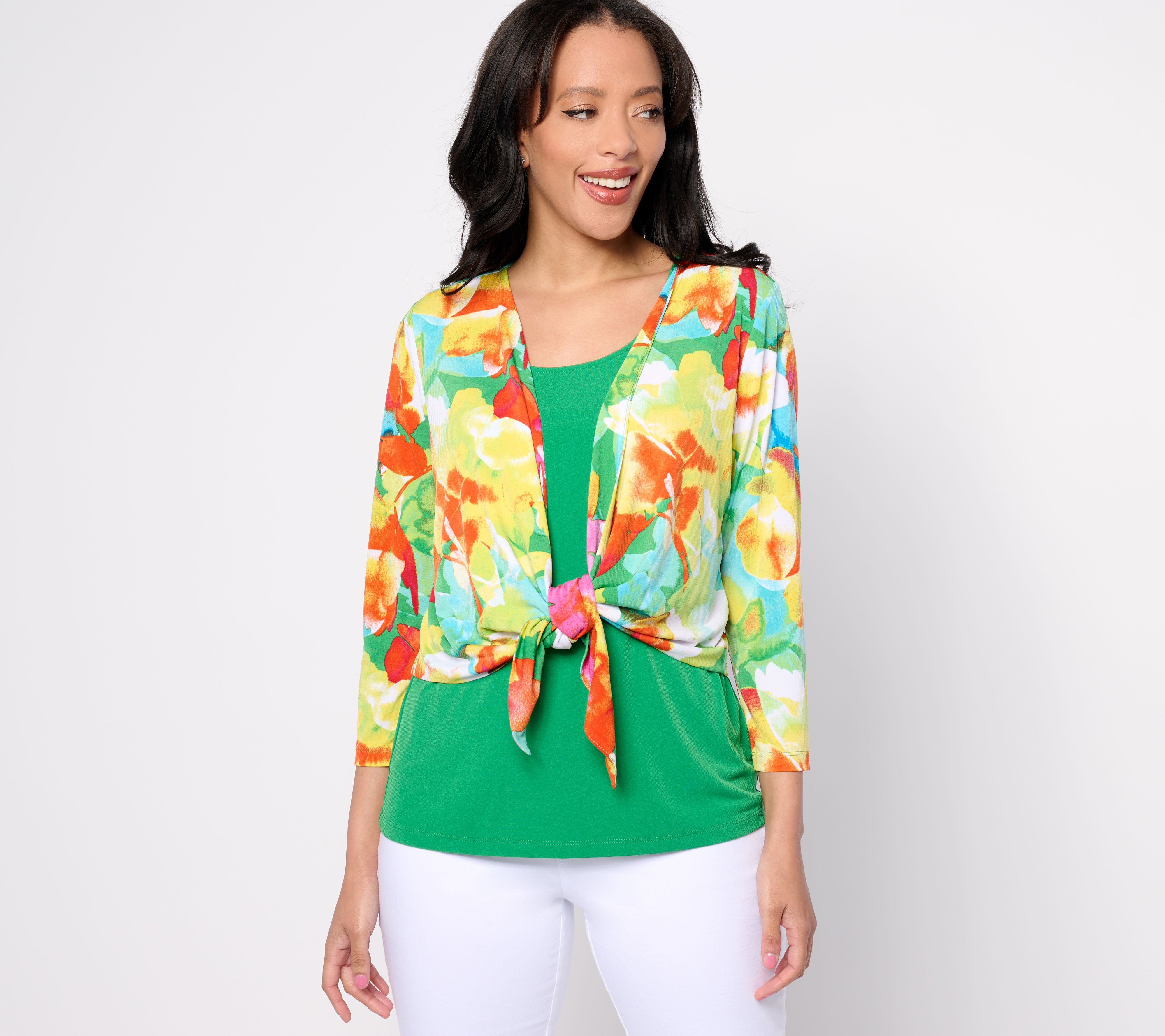 "As Is" Susan Graver Passport Printed Liquid Knit Tie-Front Shrug Tank Set