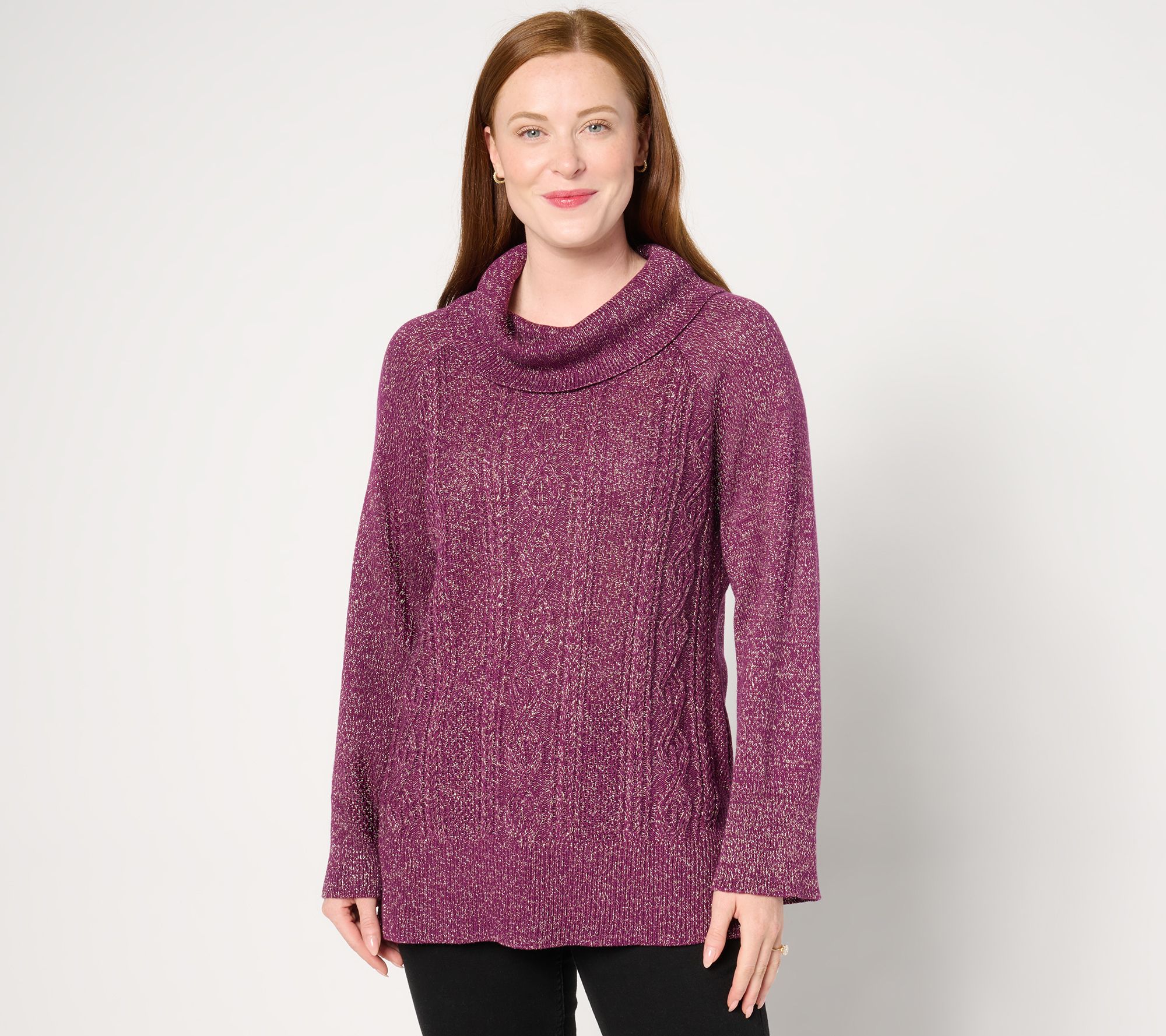  Studio Park X Jane Treacy Cowl Neck Cable Sweater w/ Lurex