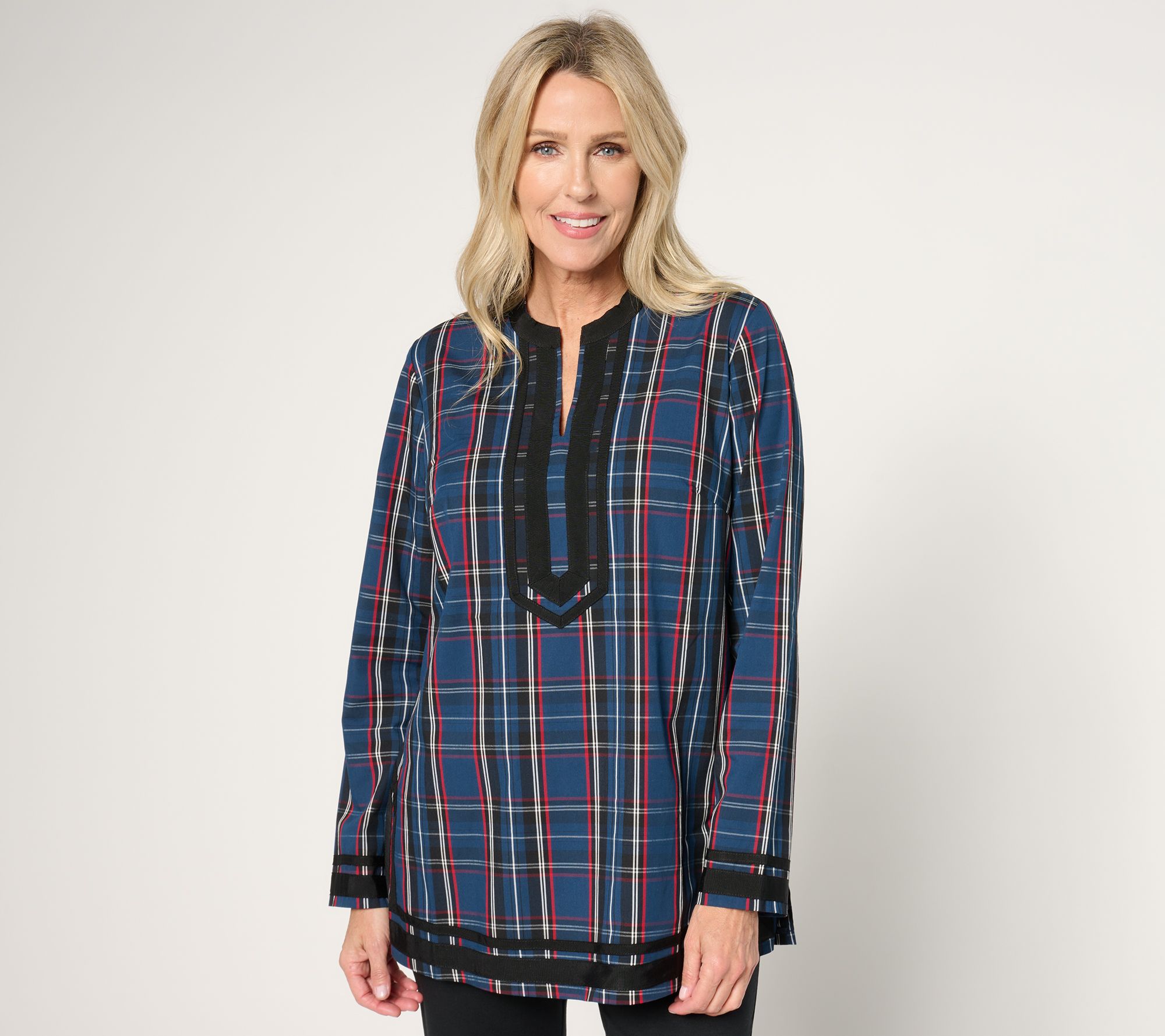 Jingle Belles by Kim Gravel Tartan Plaid Black Border Tunic Blouse