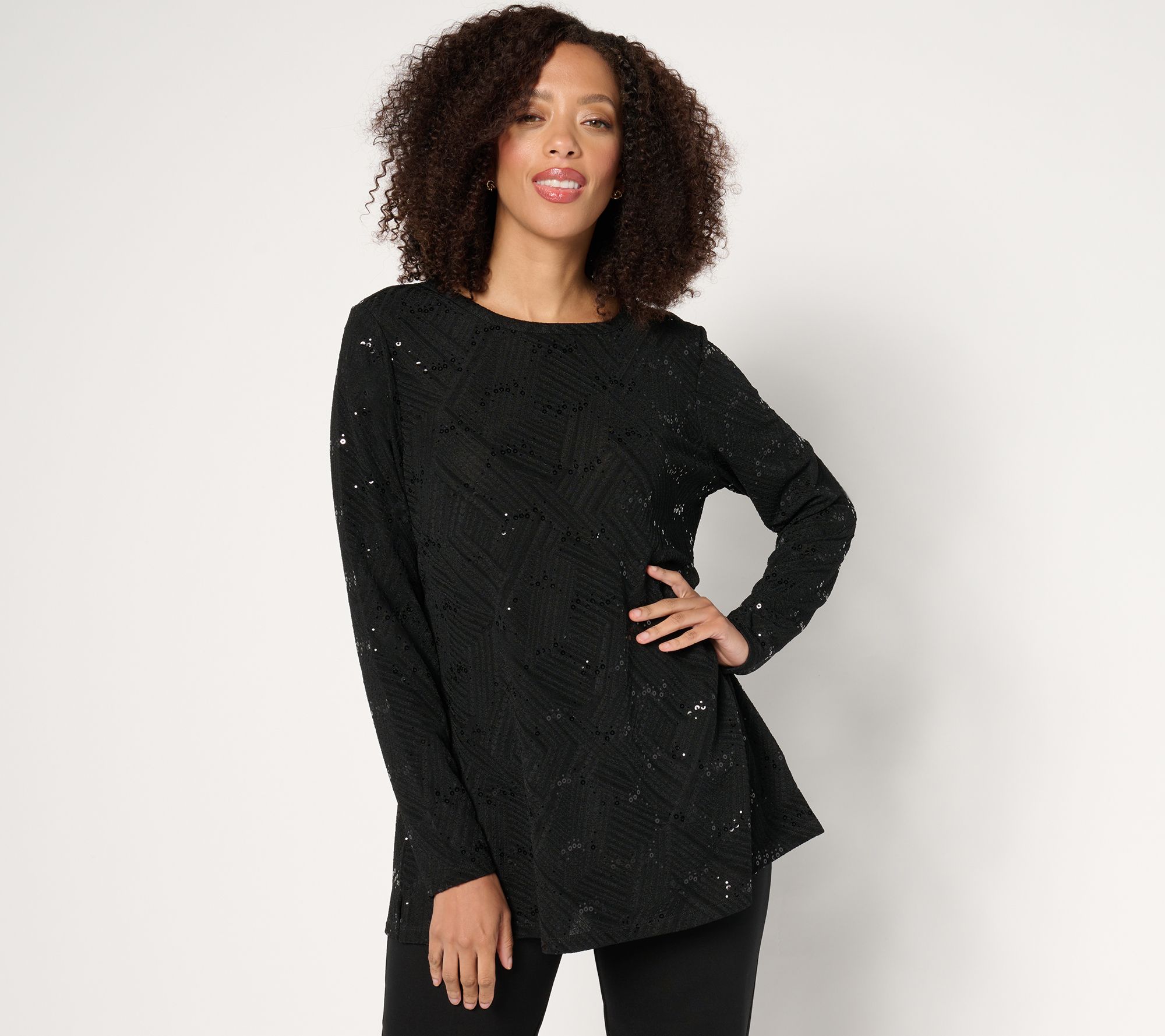 Joan Rivers Red Carpet Novelty Knit Long Sleeve Sequin Tunic