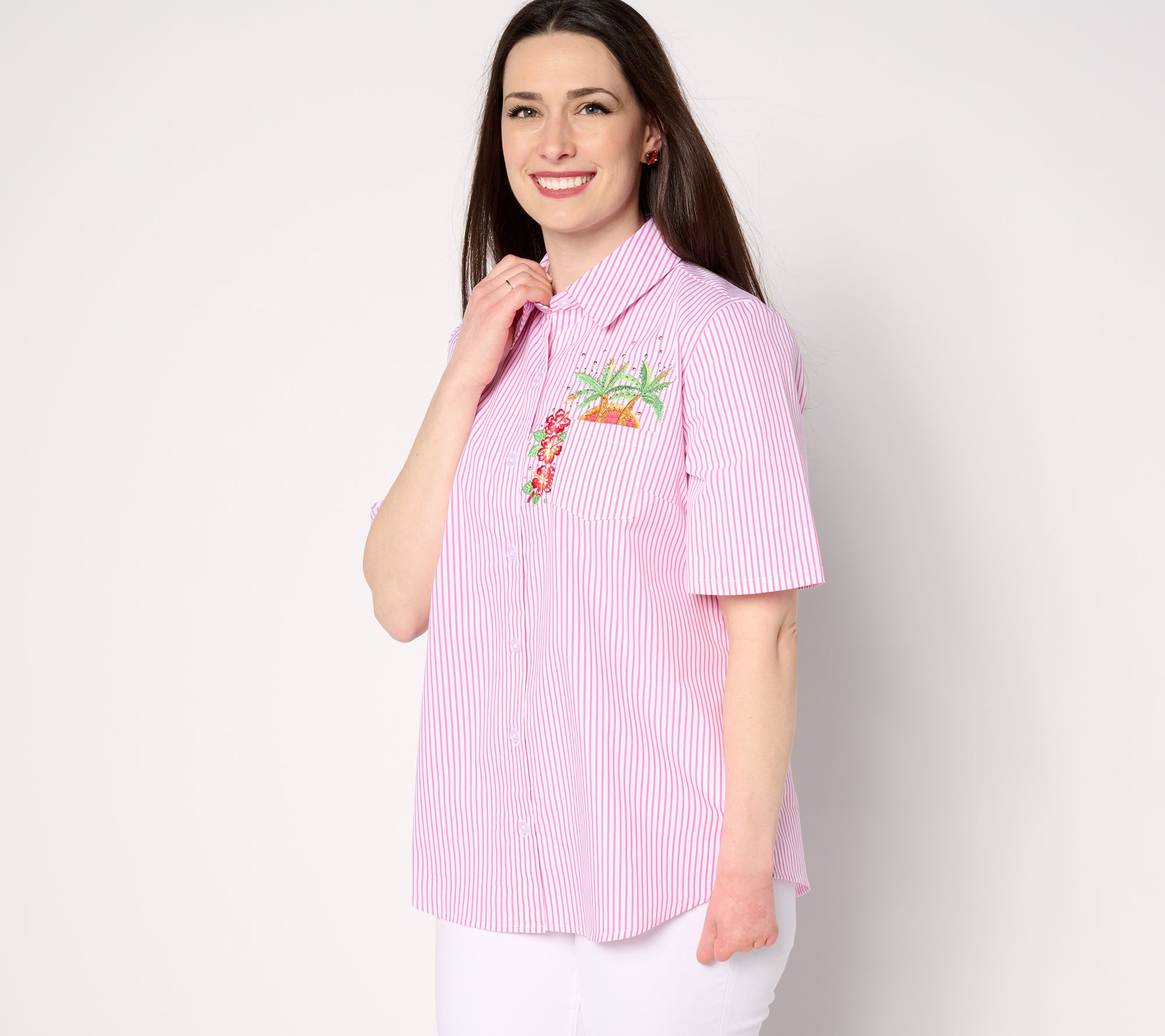 "As Is" Quacker Factory Pocket Party Short Sleeve Button Camp Shirt