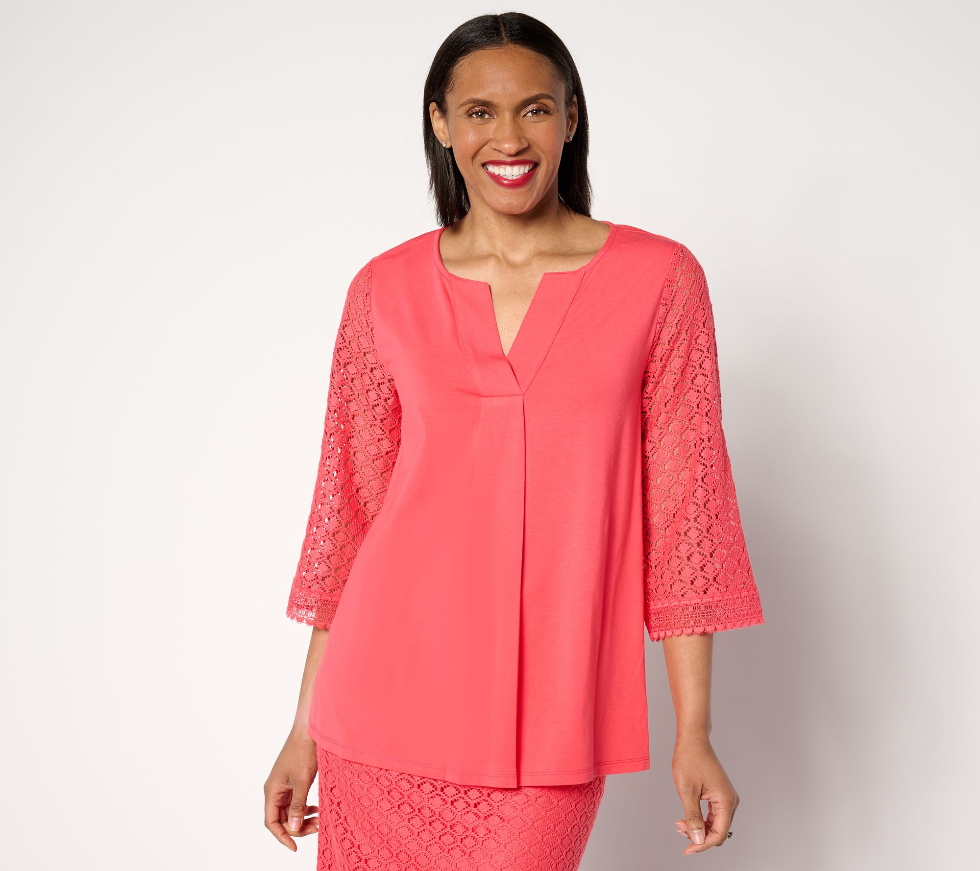 "As Is" Isaac Mizrahi Live! Split Neck 3/4 Sleeve Top with Pleat Detail