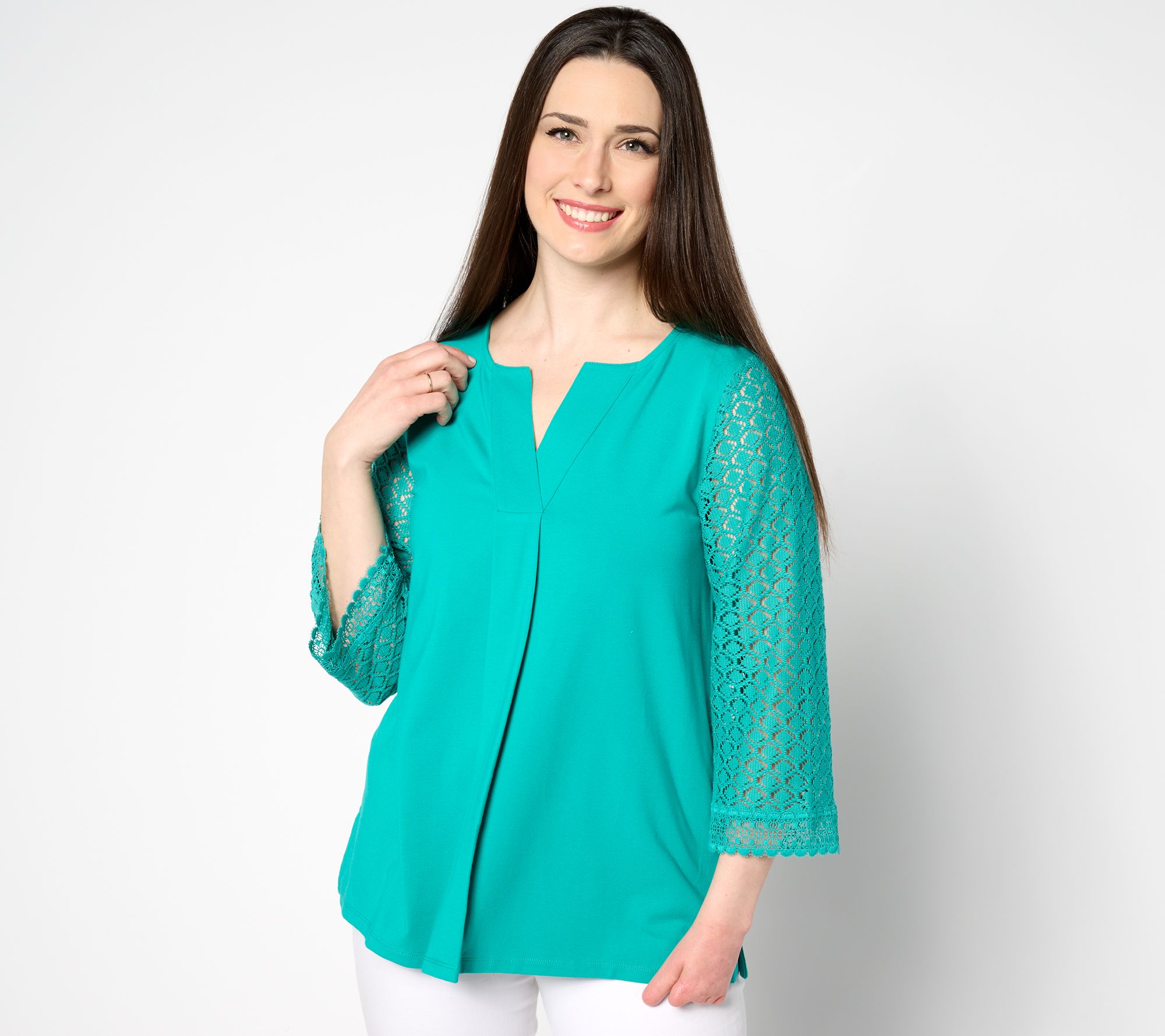 "As Is" Isaac Mizrahi Live! Split Neck 3/4 Sleeve Top with Pleat Detail