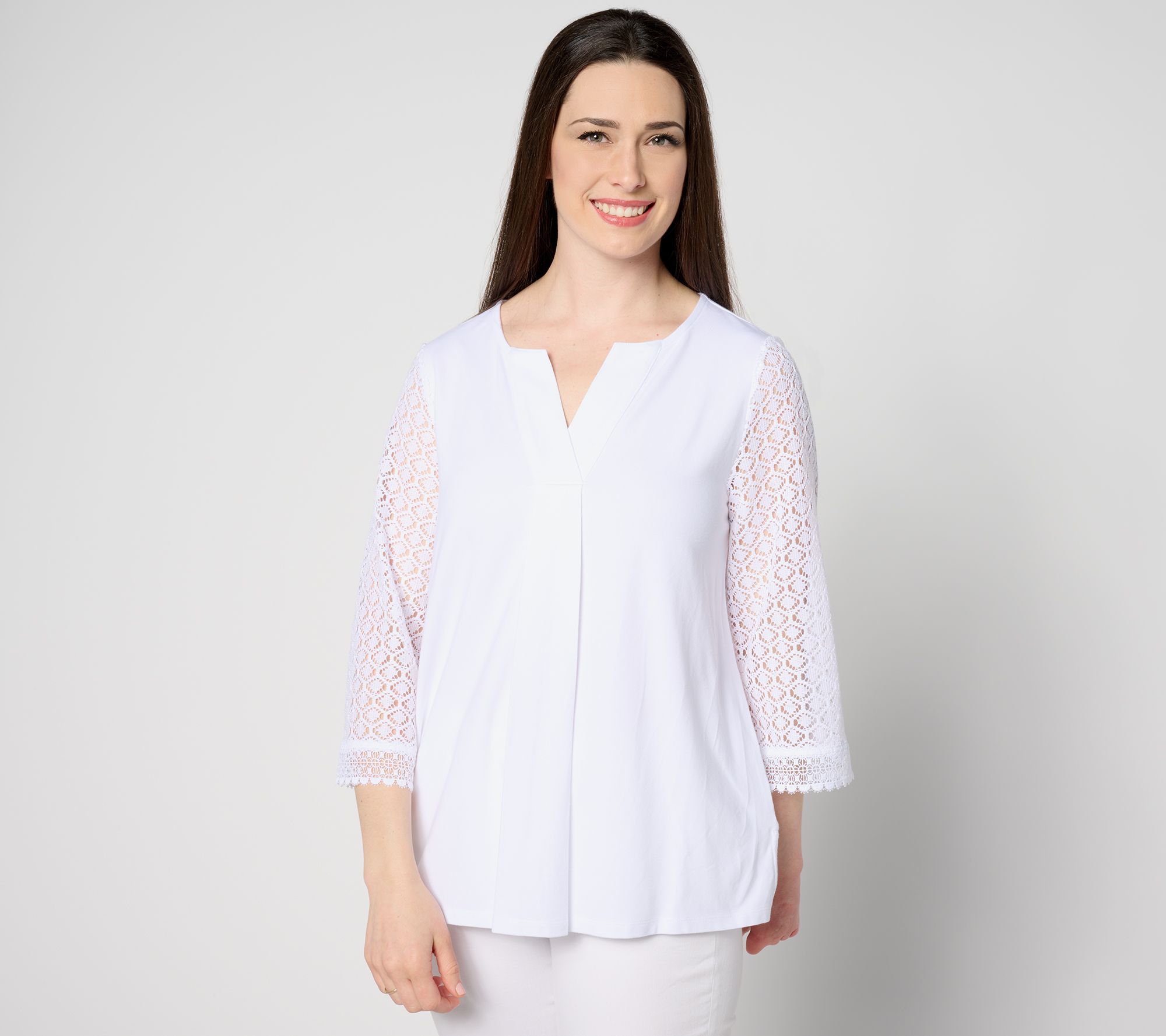 "As Is" Isaac Mizrahi Live! Split Neck 3/4 Sleeve Top with Pleat Detail