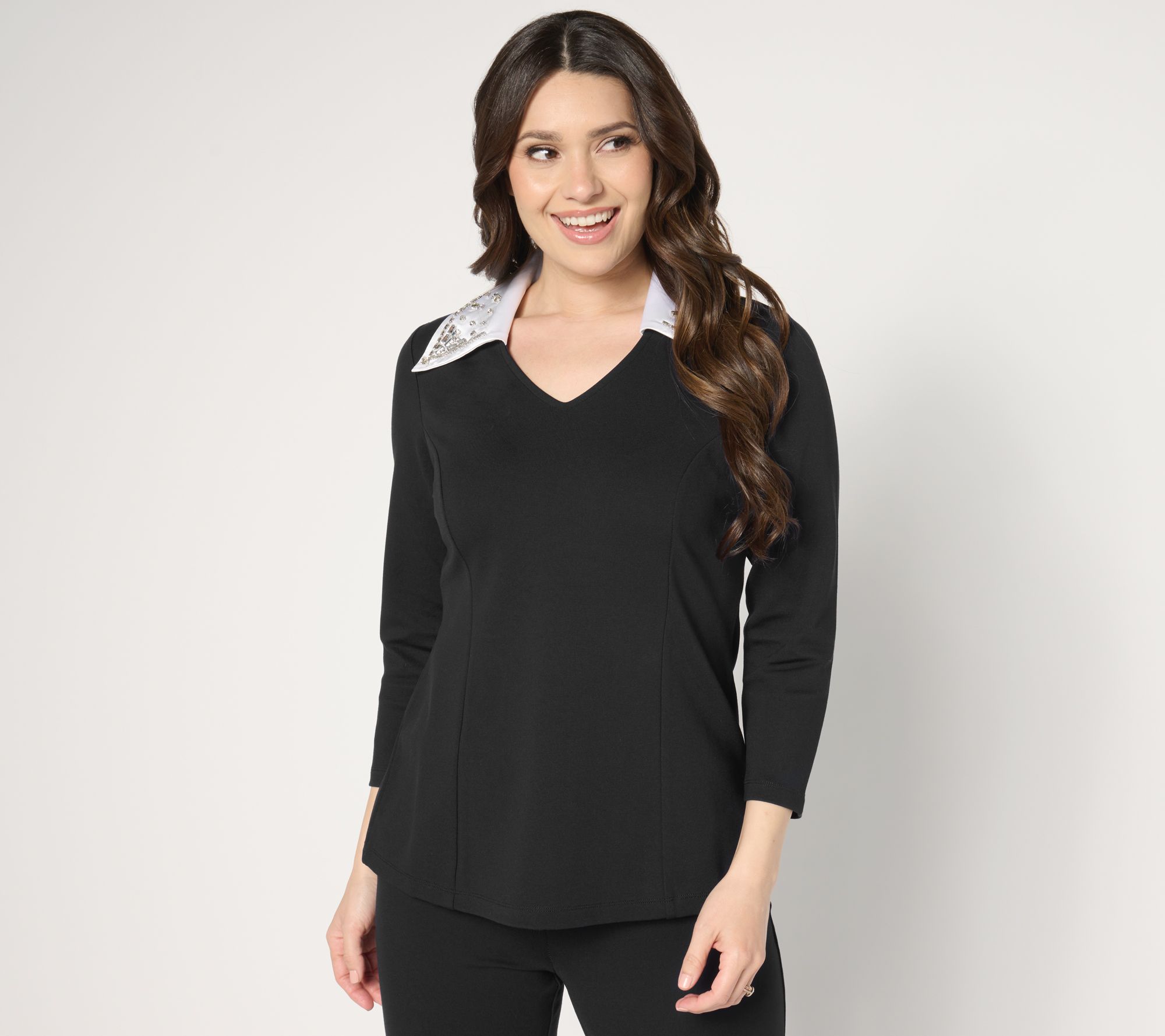 Susan Graver Occasions Smart Ponte 350 Top with Beaded Collar