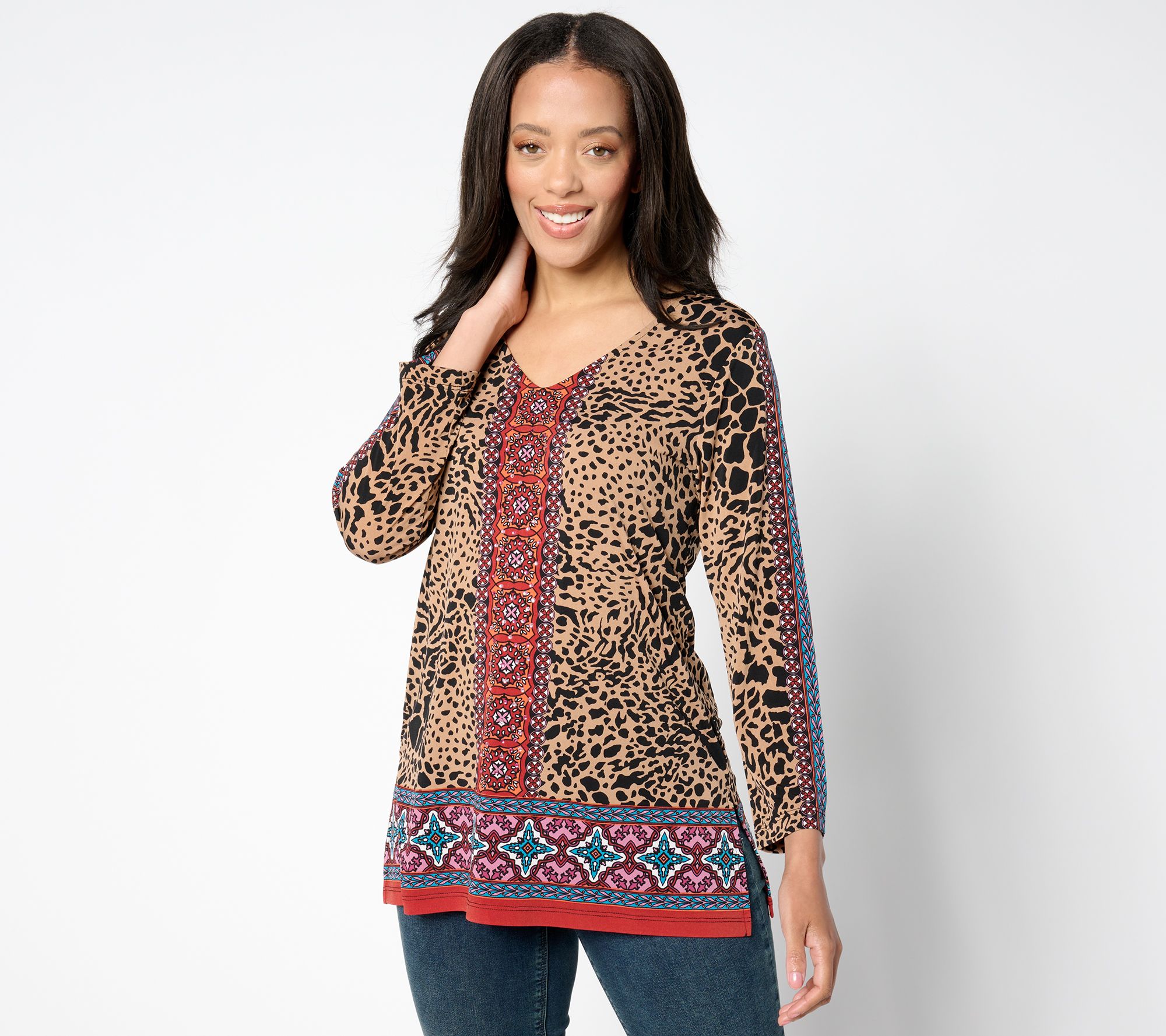 "As Is" Susan Graver Reg Printed Liquid Knit 3/4 Slv V-Neck Top