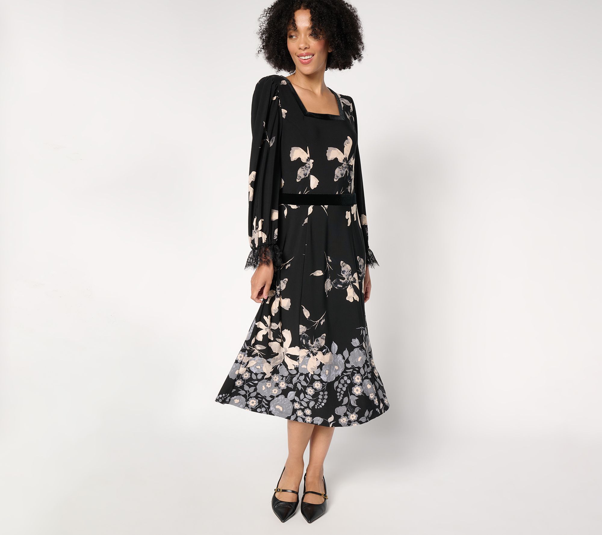 "As Is" Susan Graver Reg Printed Liquid Knit Lace & Velvet Dress