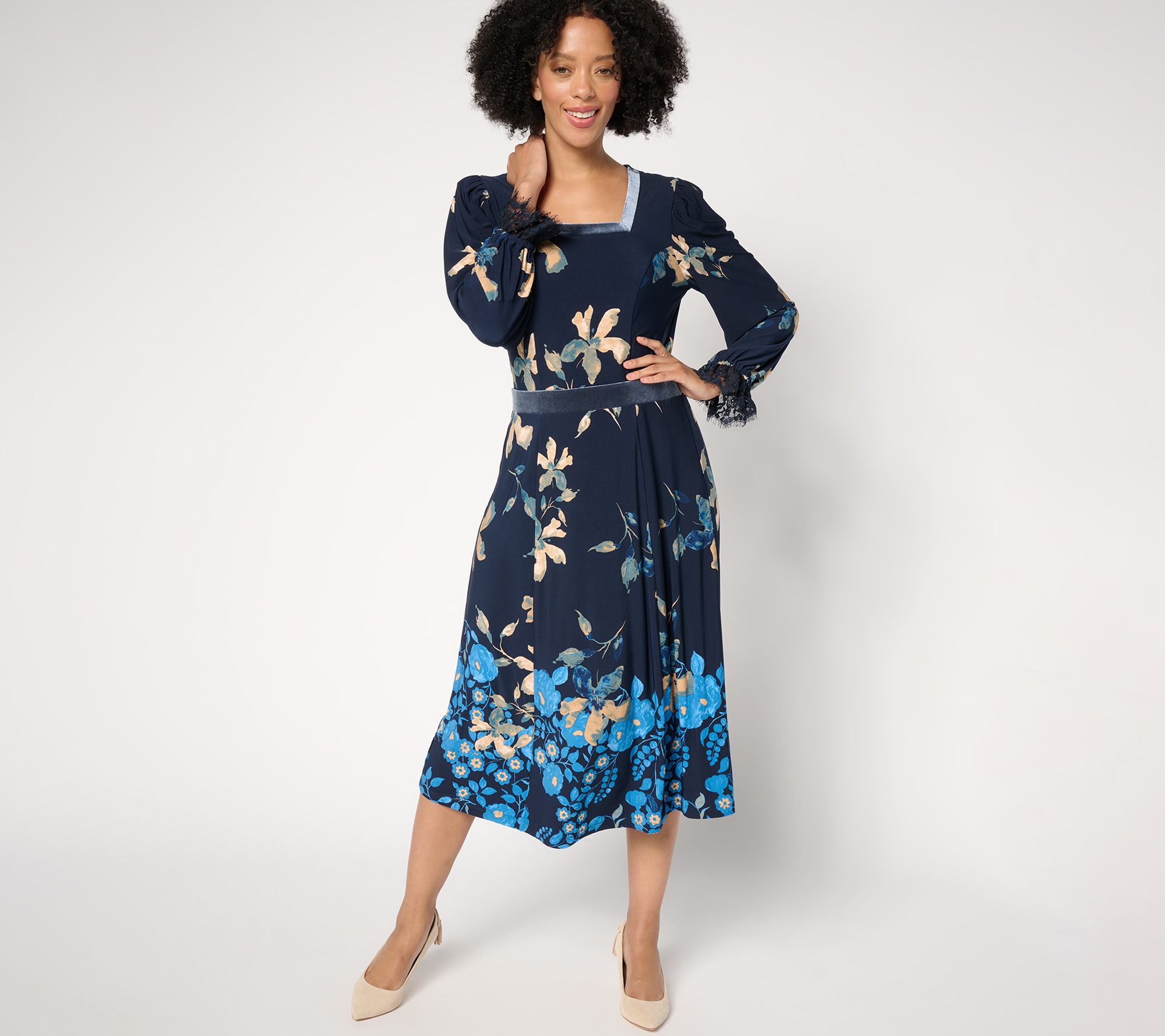 "As Is" Susan Graver Reg Printed Liquid Knit Lace & Velvet Dress
