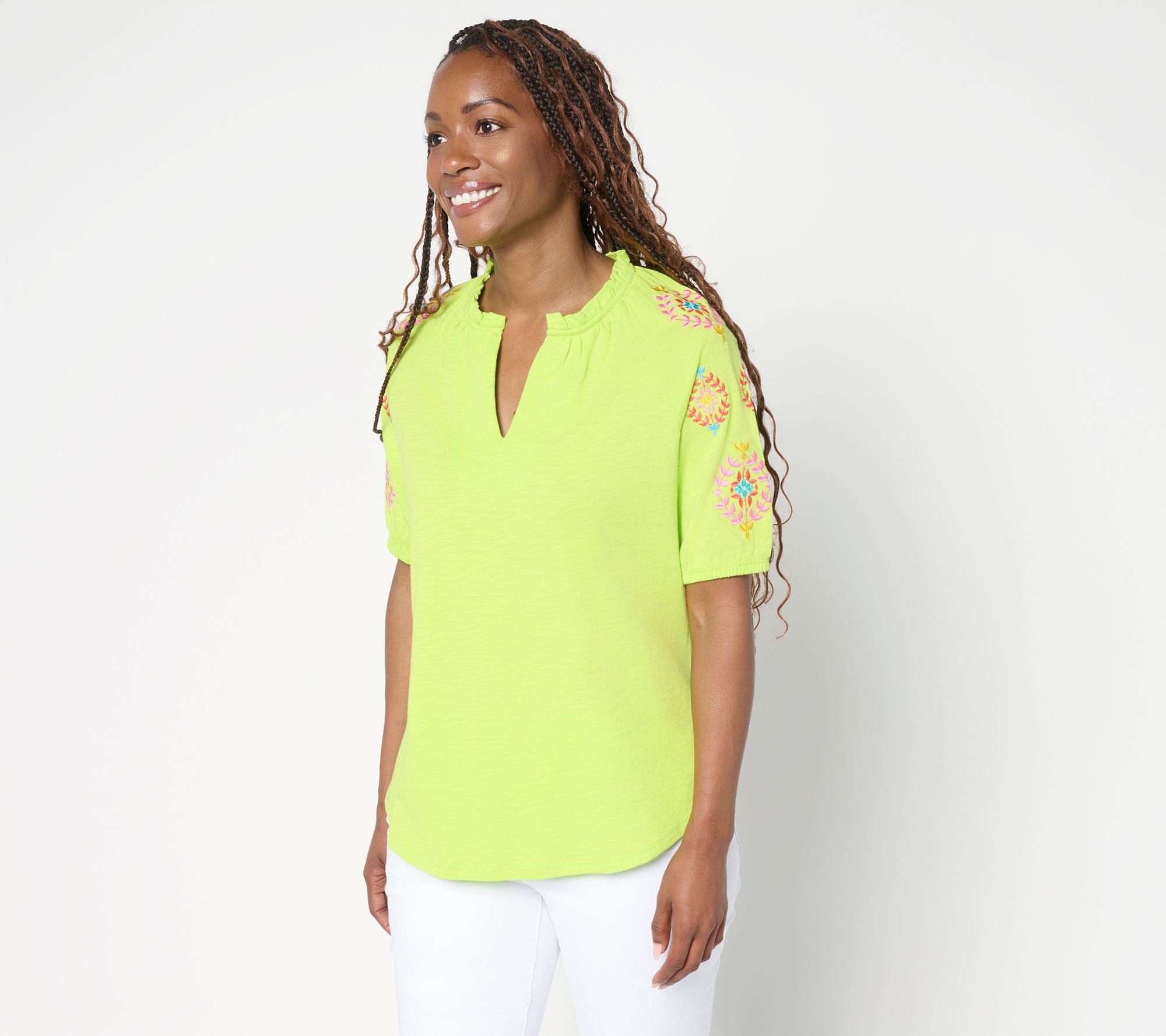 Belle by Kim Gravel Slub Knit Embroidered Sleeve Top