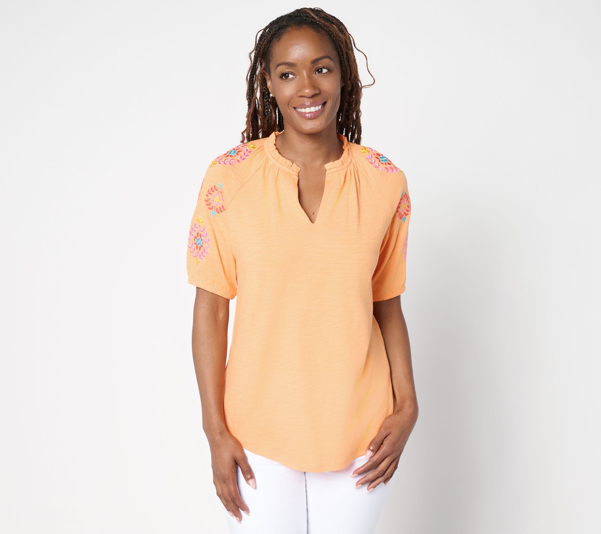 Belle by Kim Gravel Slub Knit Embroidered Sleeve Top