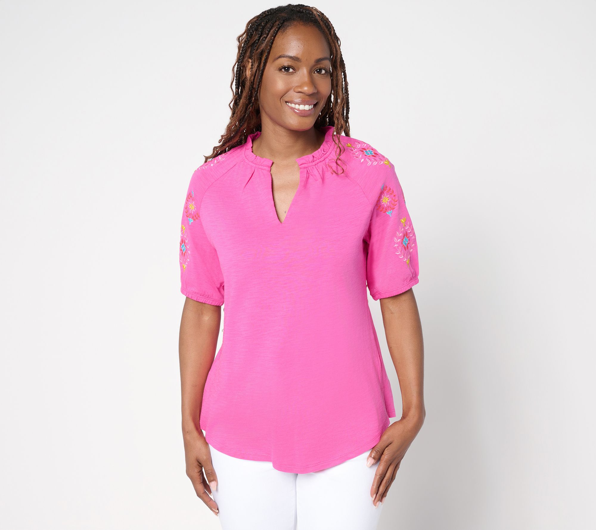 Belle by Kim Gravel Slub Knit Embroidered Sleeve Top