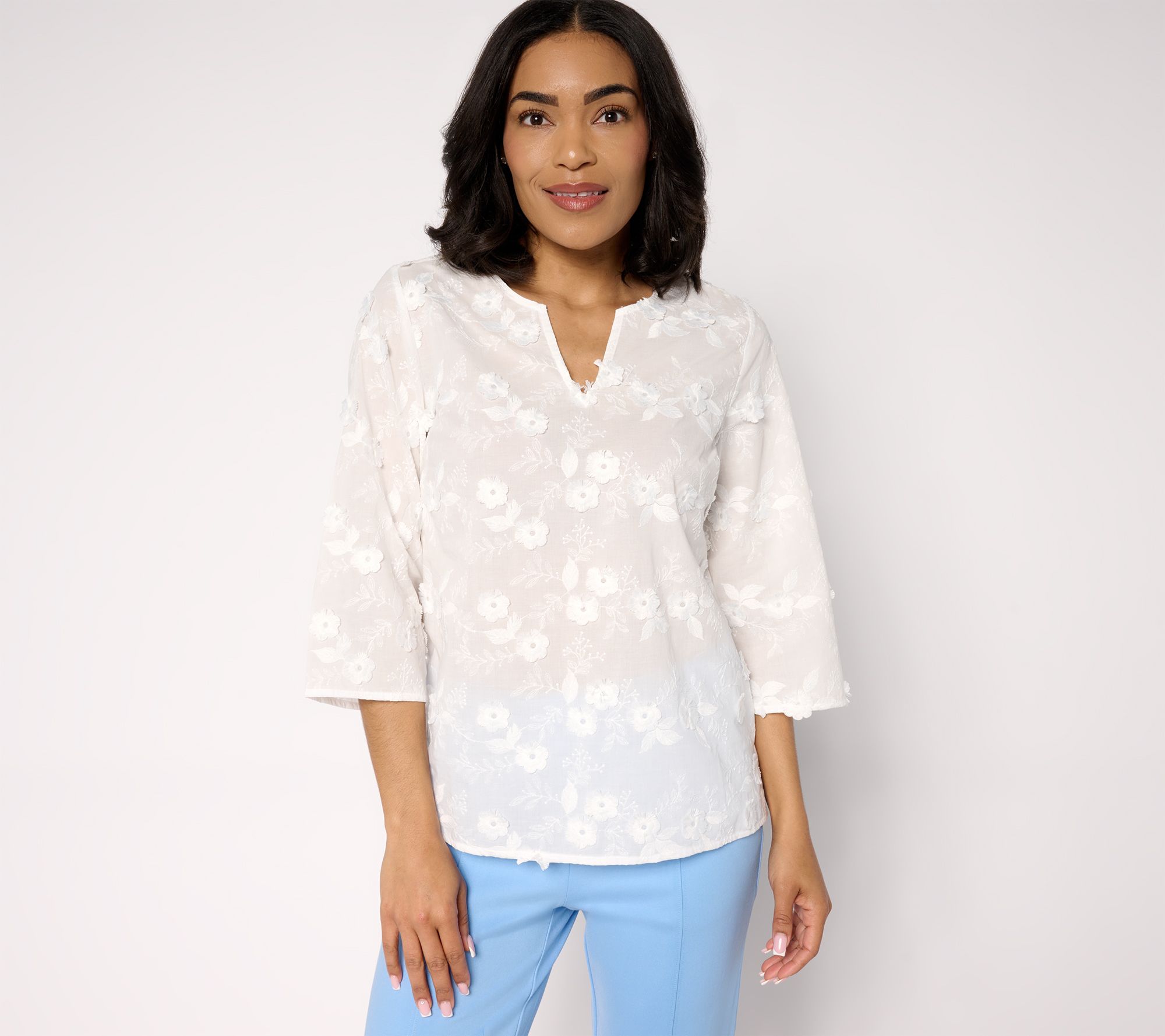 Isaac Mizrahi Live! Embroidered Cotton Split Neck Blouse