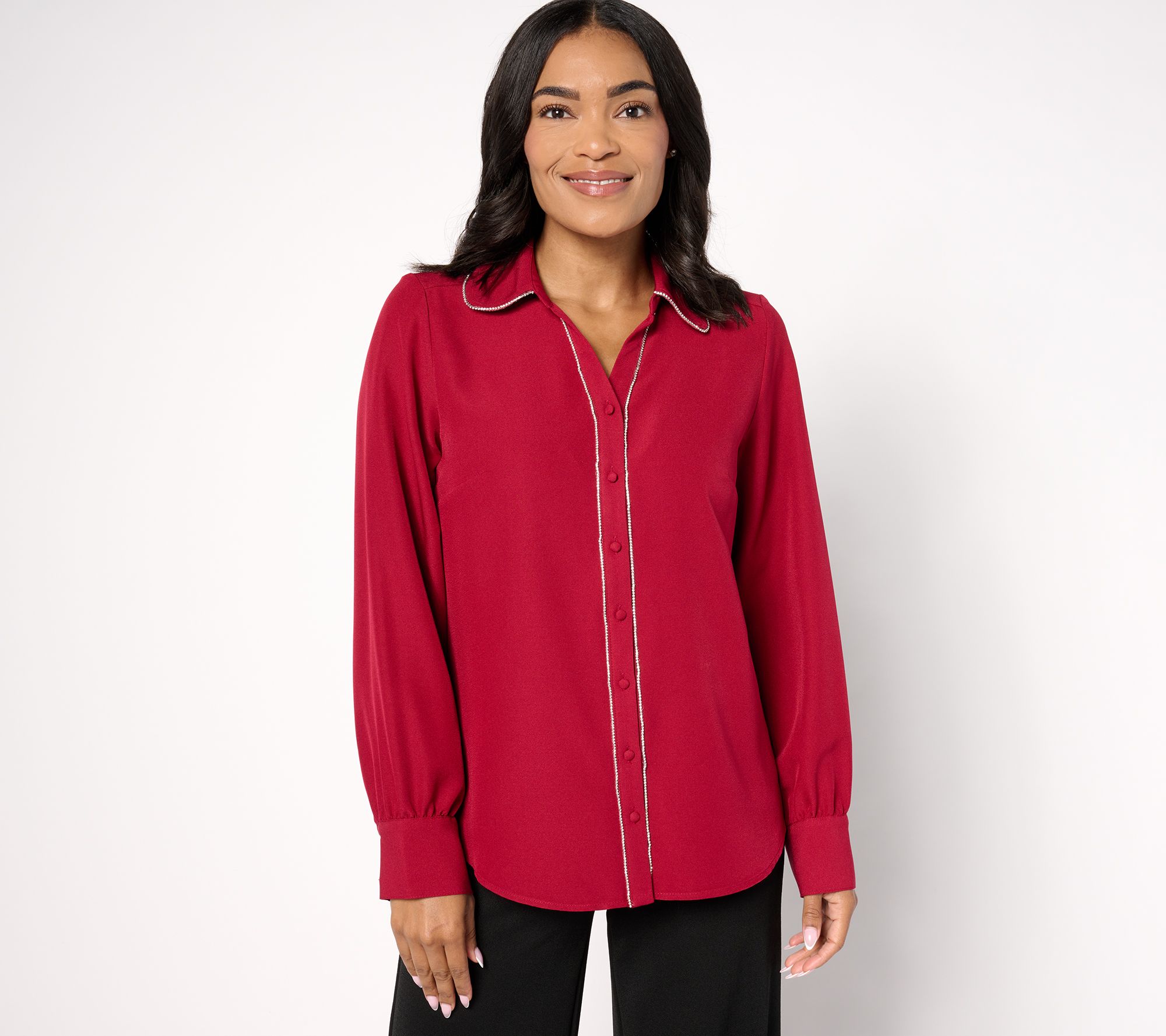 "As Is" Denim & Co. Signature Button Up Sparkle Trim Top